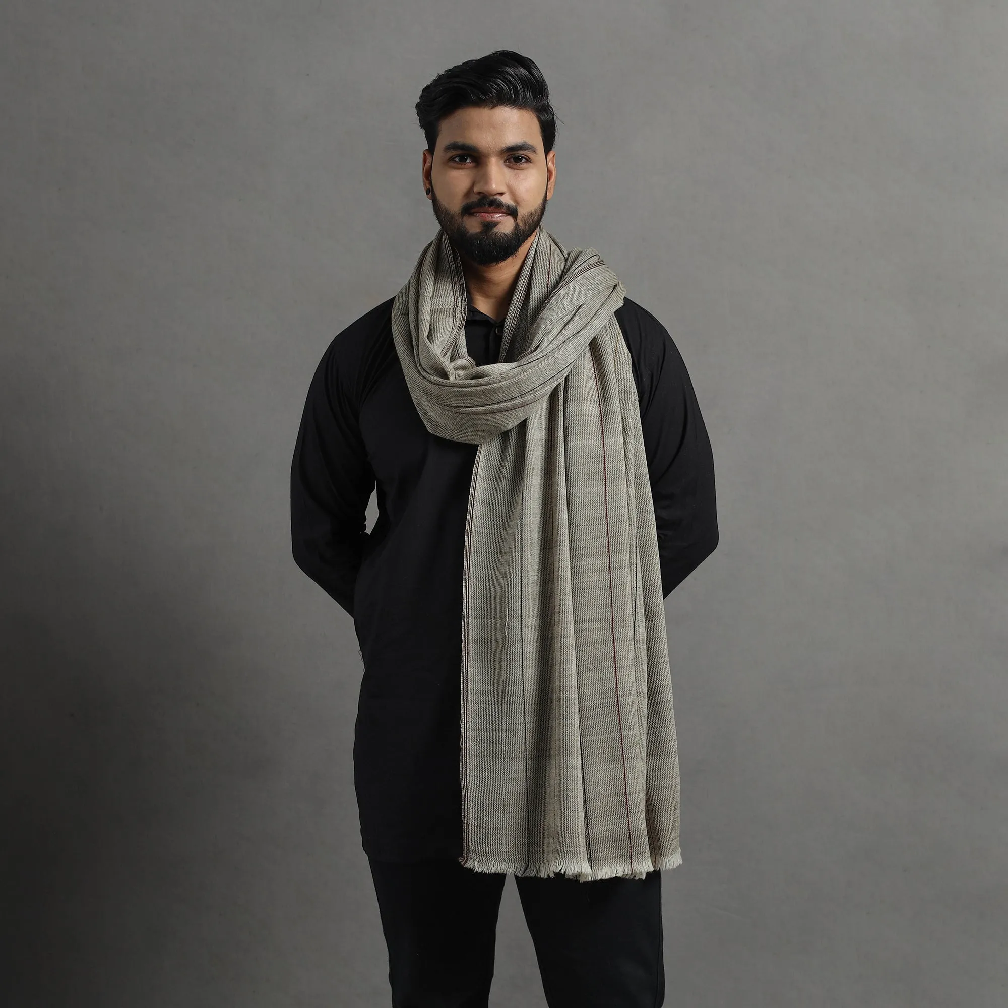 Grey - Kumaun Handwoven Pure Merino Wool Shawl for Men 106