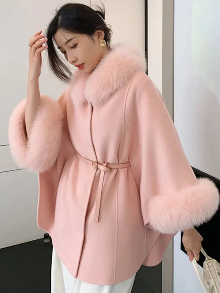 High End Double Sided Cashmere Fox Cloak Shawl Woolen Fashion Warm Coat