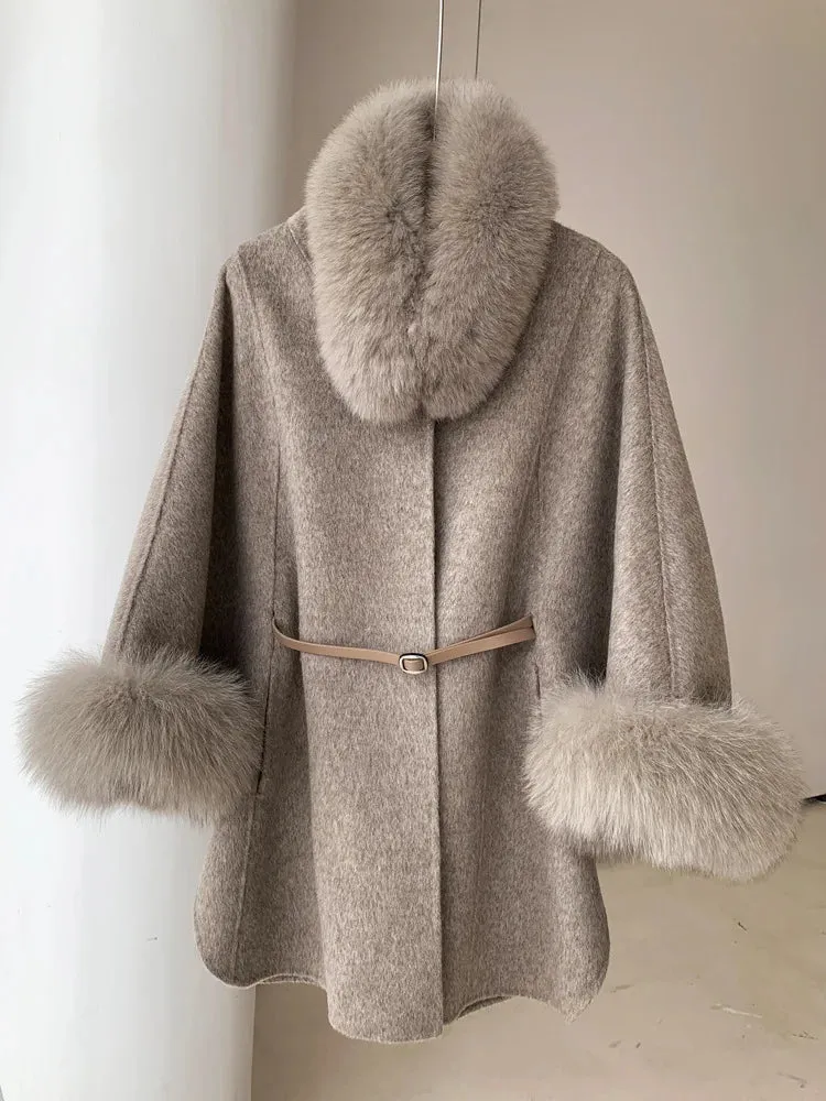 High End Double Sided Cashmere Fox Cloak Shawl Woolen Fashion Warm Coat