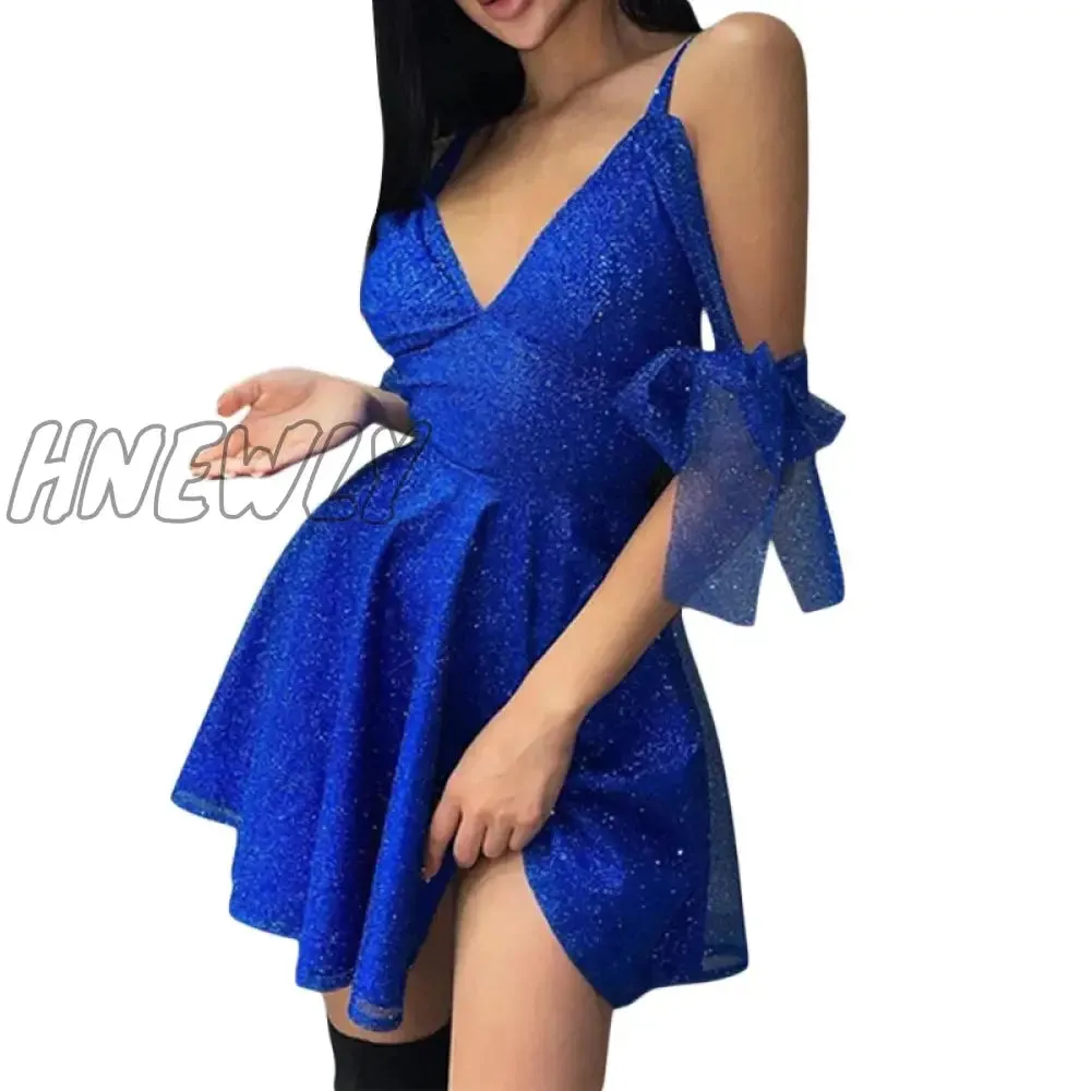 Hnewly Women Shiny Party Dress Solid Color Sexy Spaghetti Strap V-Neck Backless Elegant Cocktail Dress for Ladies