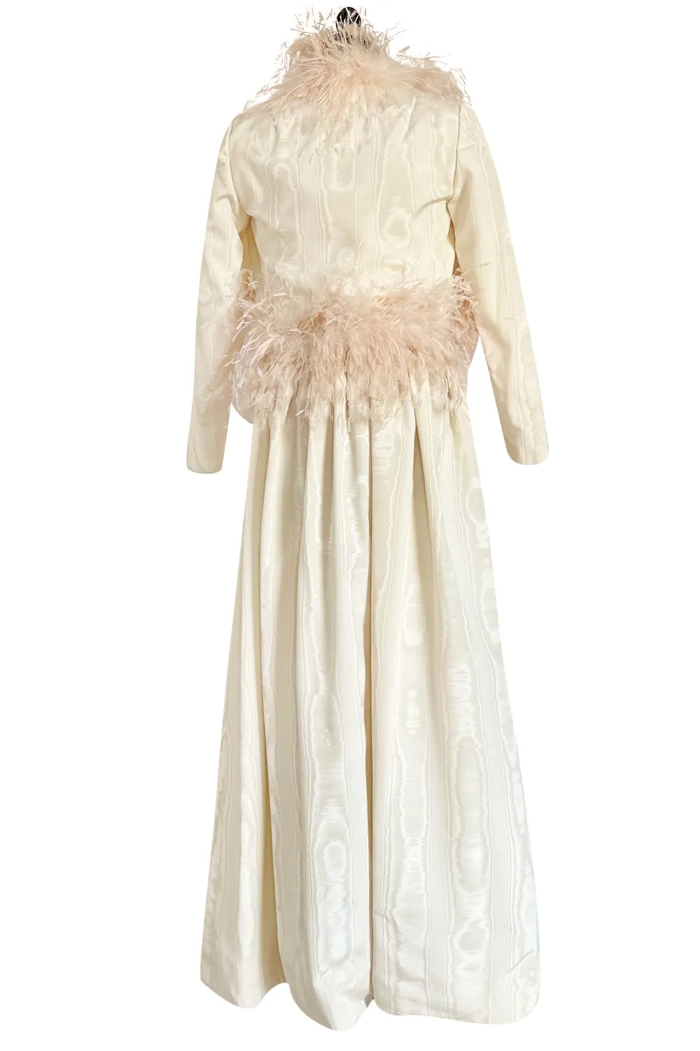 Incredible 1970s Mollie Parnis Ivory Silk Moire Halter Dress w Matching Feather Trim Jacket