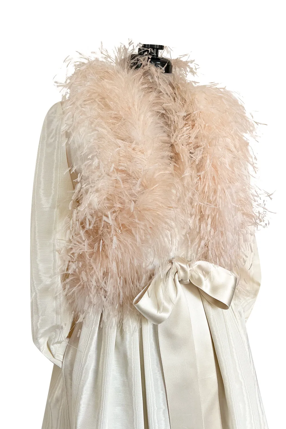 Incredible 1970s Mollie Parnis Ivory Silk Moire Halter Dress w Matching Feather Trim Jacket