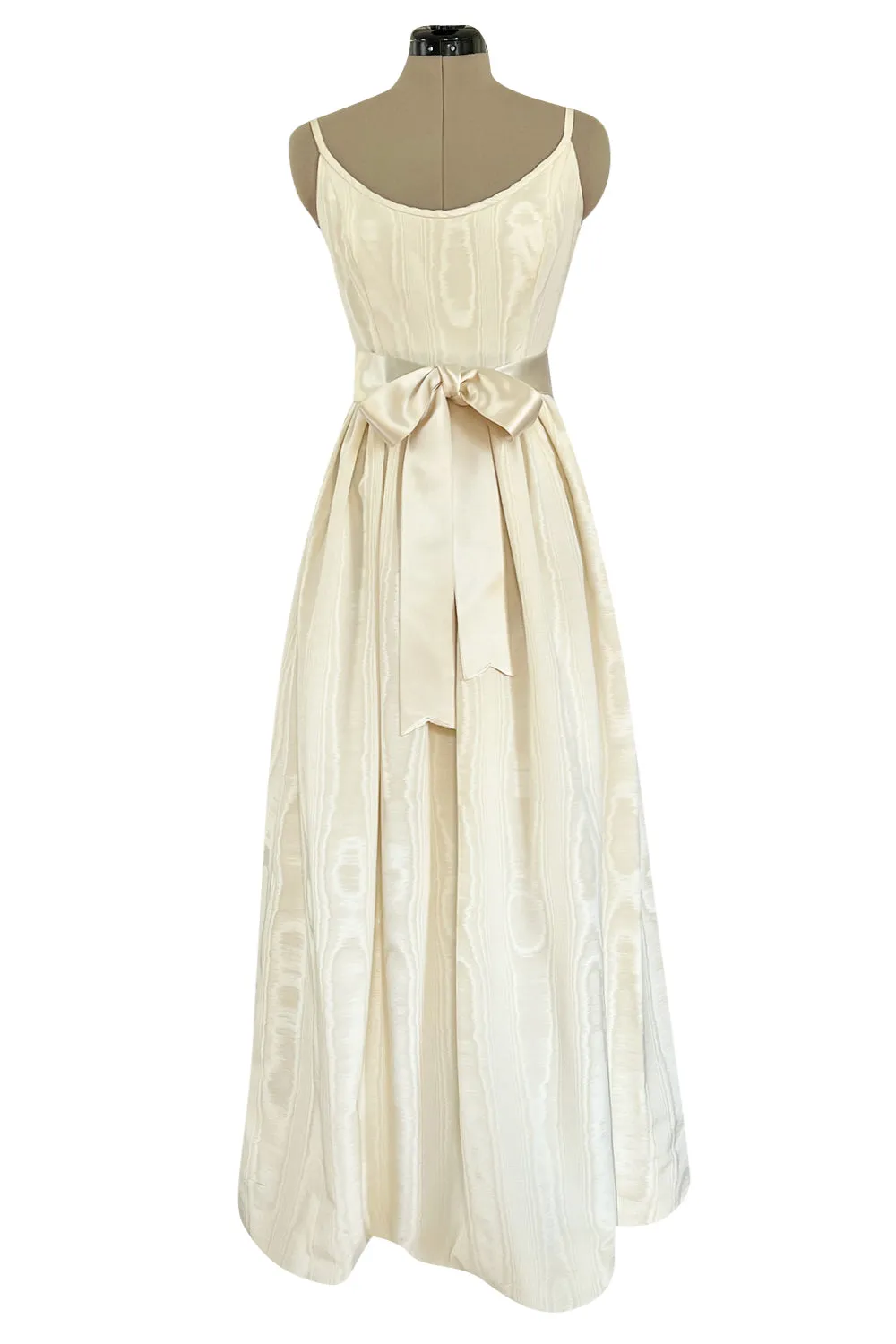 Incredible 1970s Mollie Parnis Ivory Silk Moire Halter Dress w Matching Feather Trim Jacket