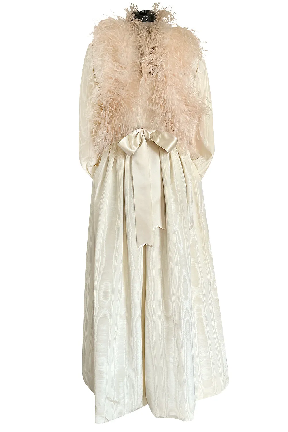 Incredible 1970s Mollie Parnis Ivory Silk Moire Halter Dress w Matching Feather Trim Jacket