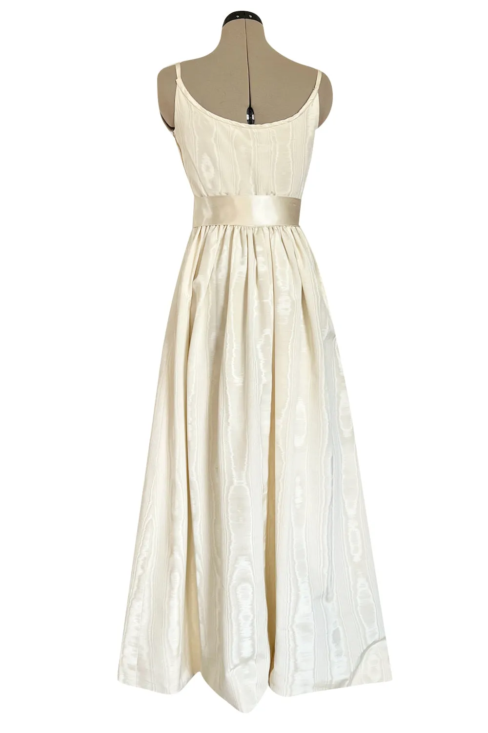 Incredible 1970s Mollie Parnis Ivory Silk Moire Halter Dress w Matching Feather Trim Jacket