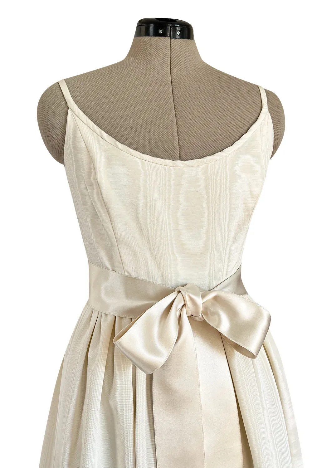 Incredible 1970s Mollie Parnis Ivory Silk Moire Halter Dress w Matching Feather Trim Jacket