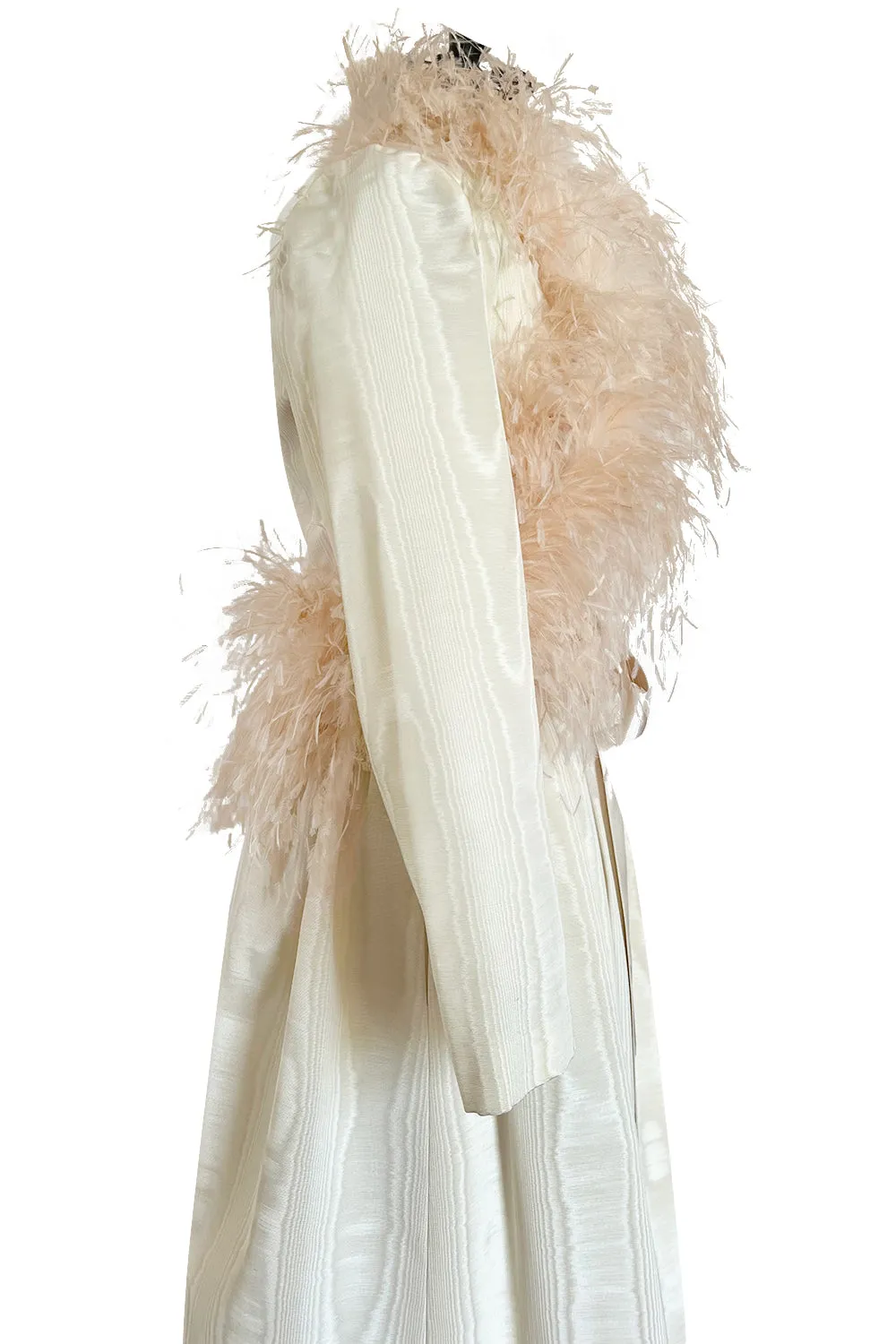 Incredible 1970s Mollie Parnis Ivory Silk Moire Halter Dress w Matching Feather Trim Jacket