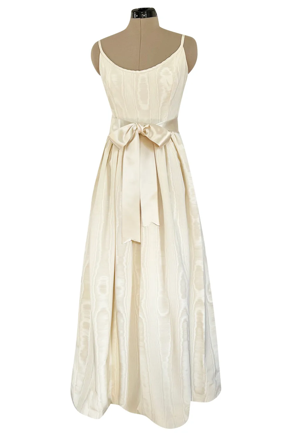 Incredible 1970s Mollie Parnis Ivory Silk Moire Halter Dress w Matching Feather Trim Jacket