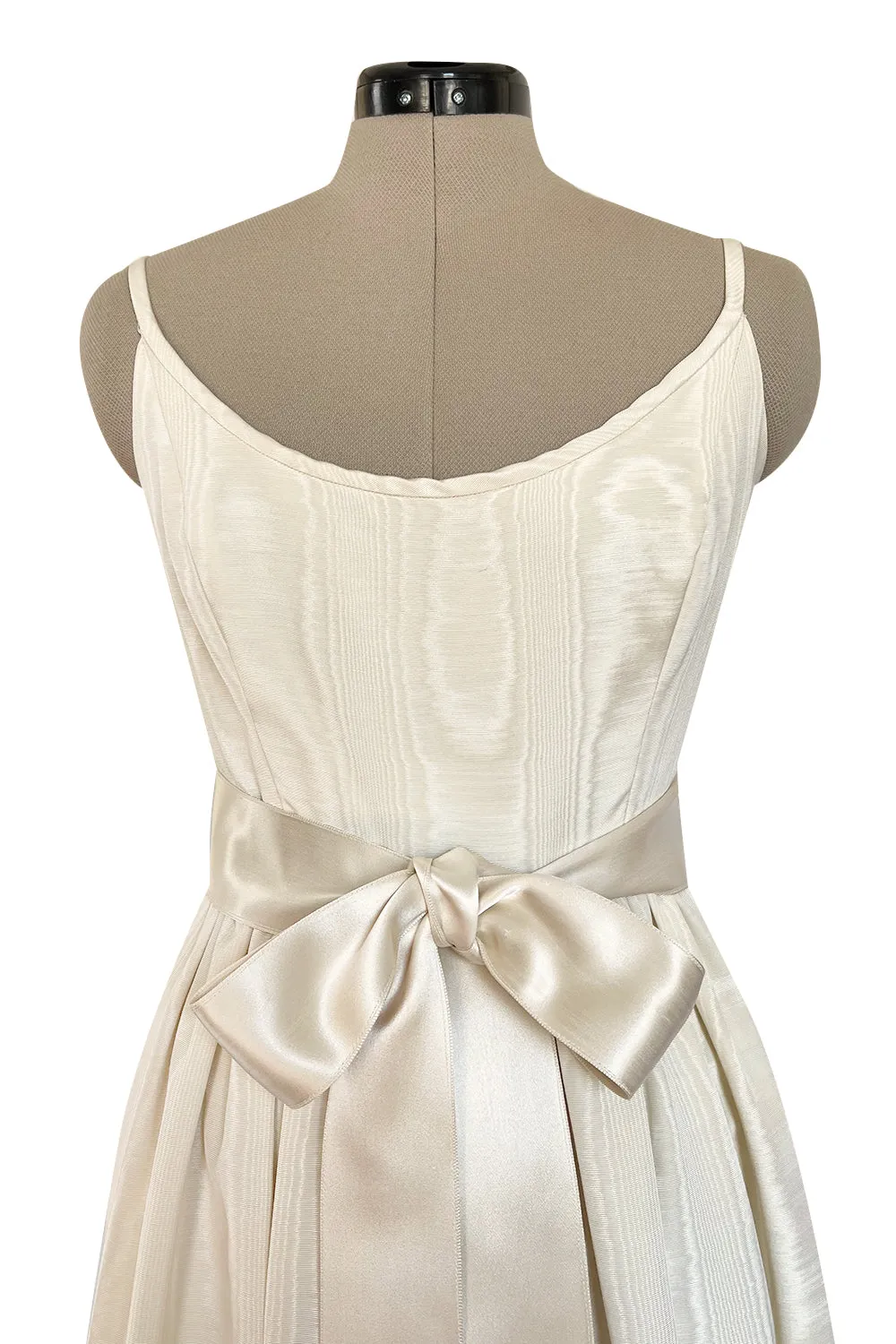 Incredible 1970s Mollie Parnis Ivory Silk Moire Halter Dress w Matching Feather Trim Jacket