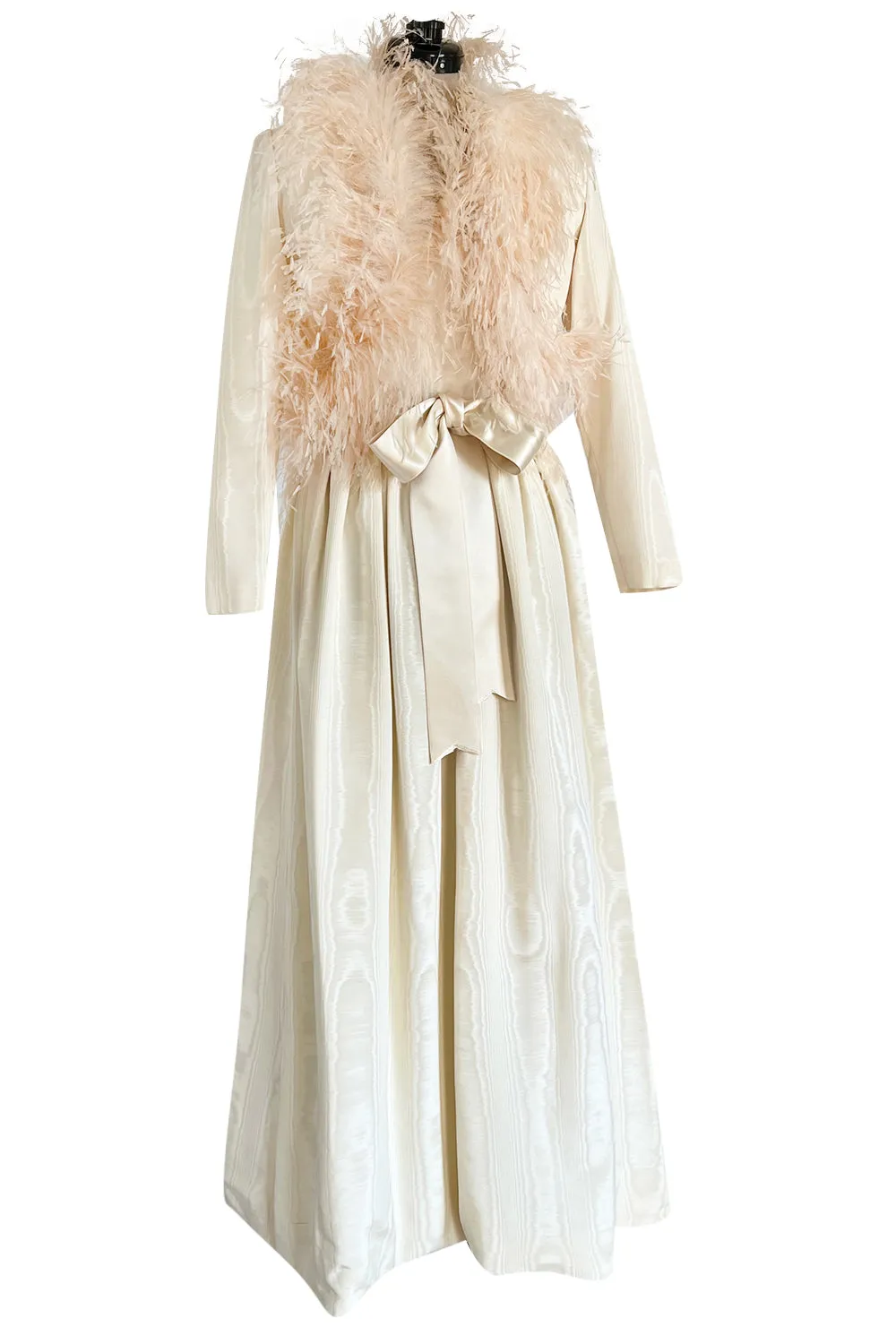 Incredible 1970s Mollie Parnis Ivory Silk Moire Halter Dress w Matching Feather Trim Jacket