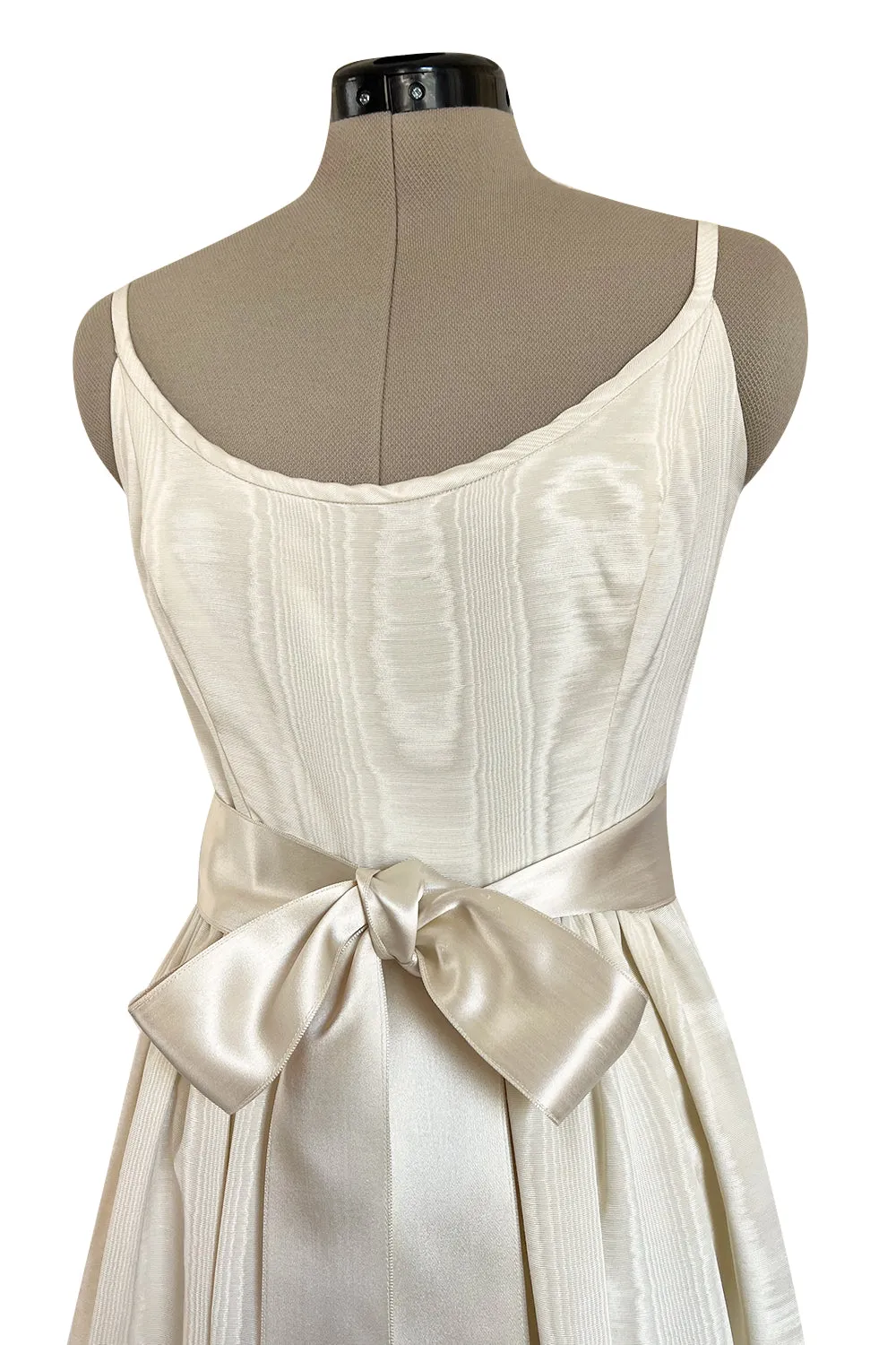 Incredible 1970s Mollie Parnis Ivory Silk Moire Halter Dress w Matching Feather Trim Jacket