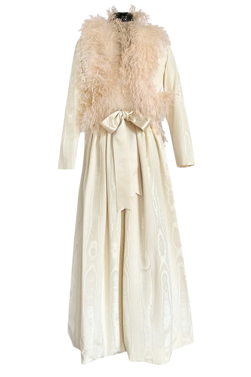 Incredible 1970s Mollie Parnis Ivory Silk Moire Halter Dress w Matching Feather Trim Jacket