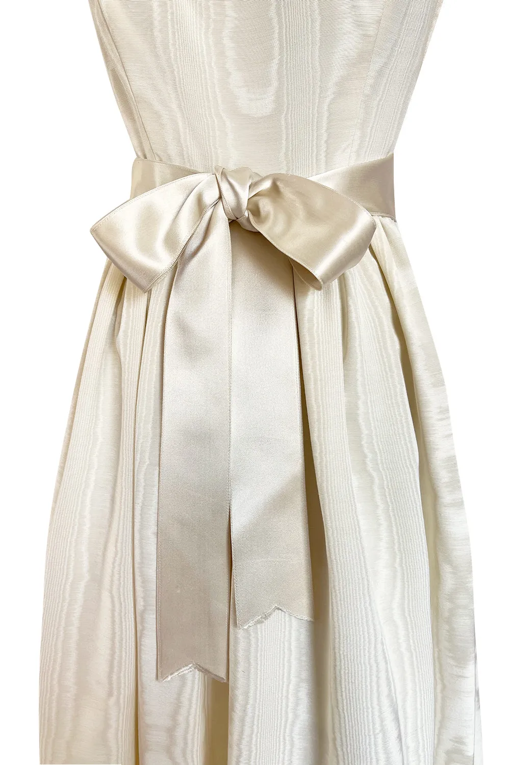 Incredible 1970s Mollie Parnis Ivory Silk Moire Halter Dress w Matching Feather Trim Jacket