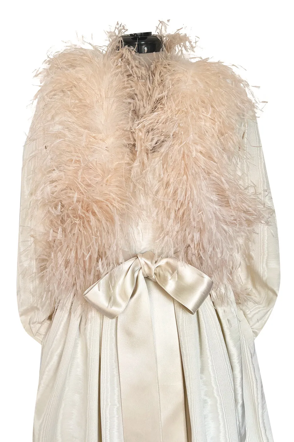 Incredible 1970s Mollie Parnis Ivory Silk Moire Halter Dress w Matching Feather Trim Jacket