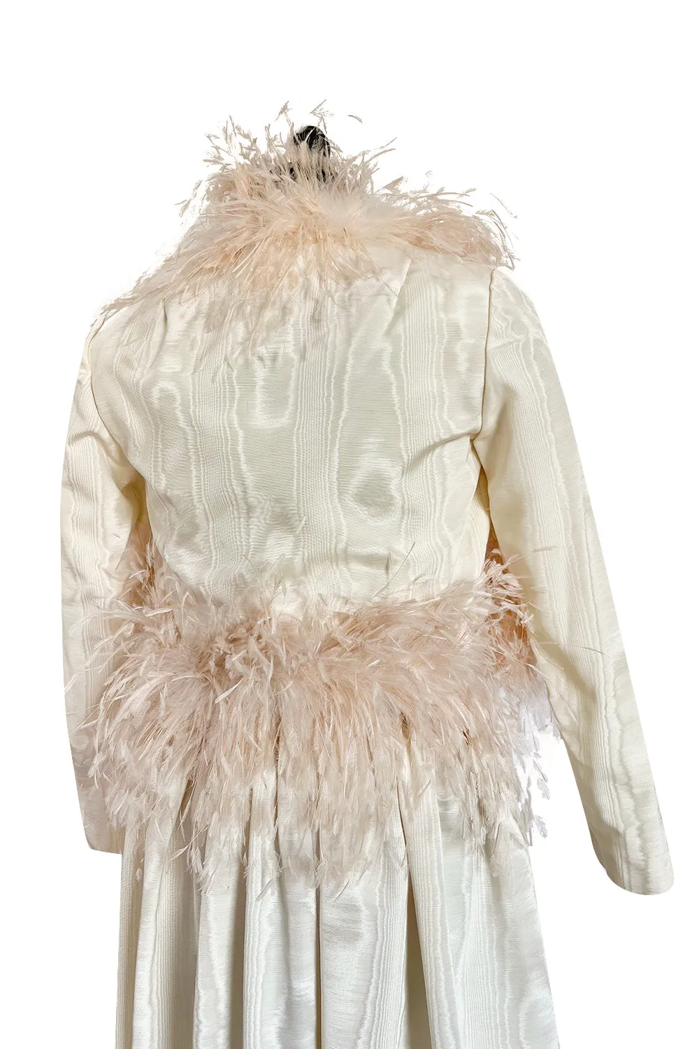 Incredible 1970s Mollie Parnis Ivory Silk Moire Halter Dress w Matching Feather Trim Jacket