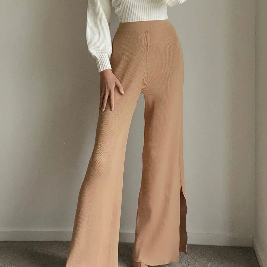 KARLIE Camel High Waist Wide Leg Knit Pants