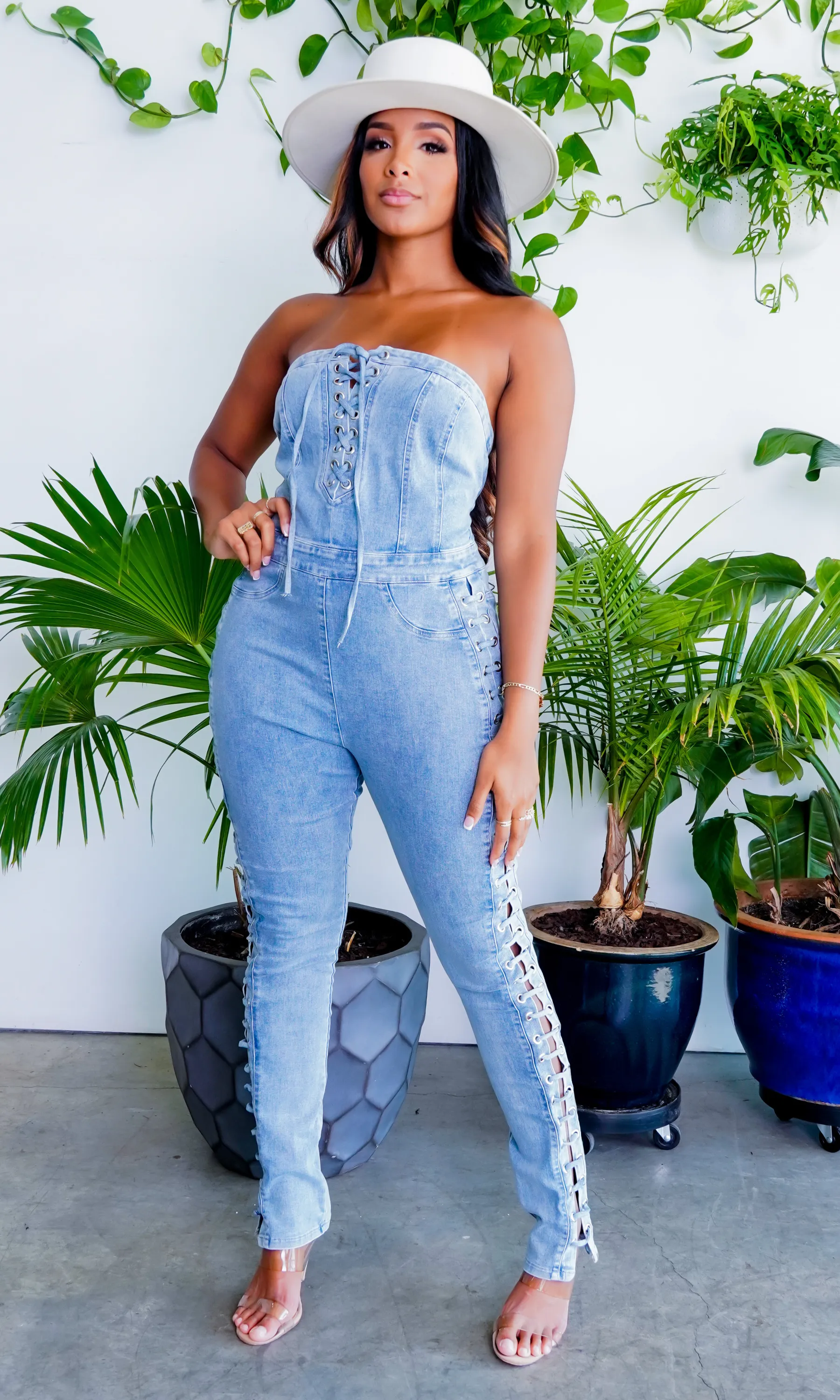 Lace Up Denim Jumpsuit