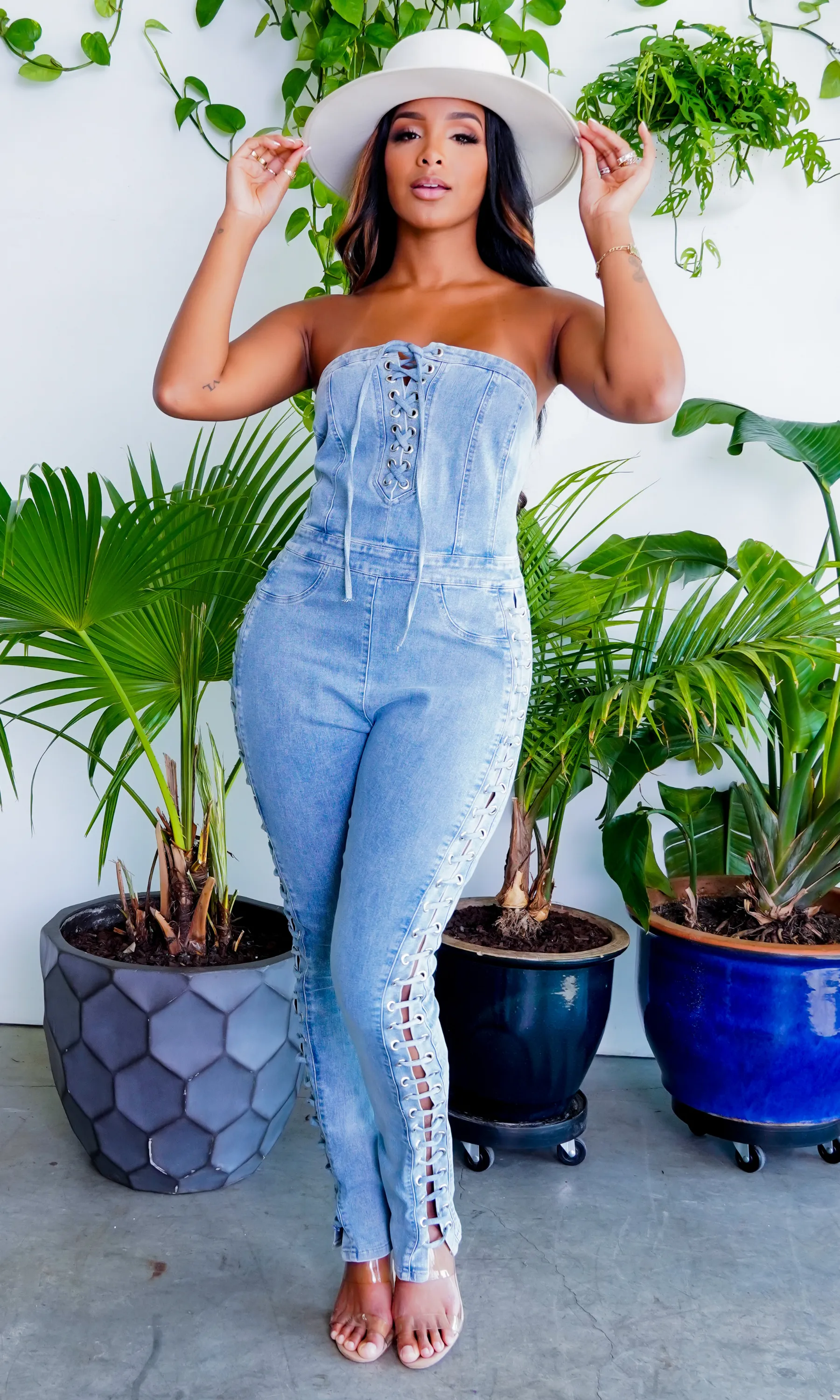 Lace Up Denim Jumpsuit