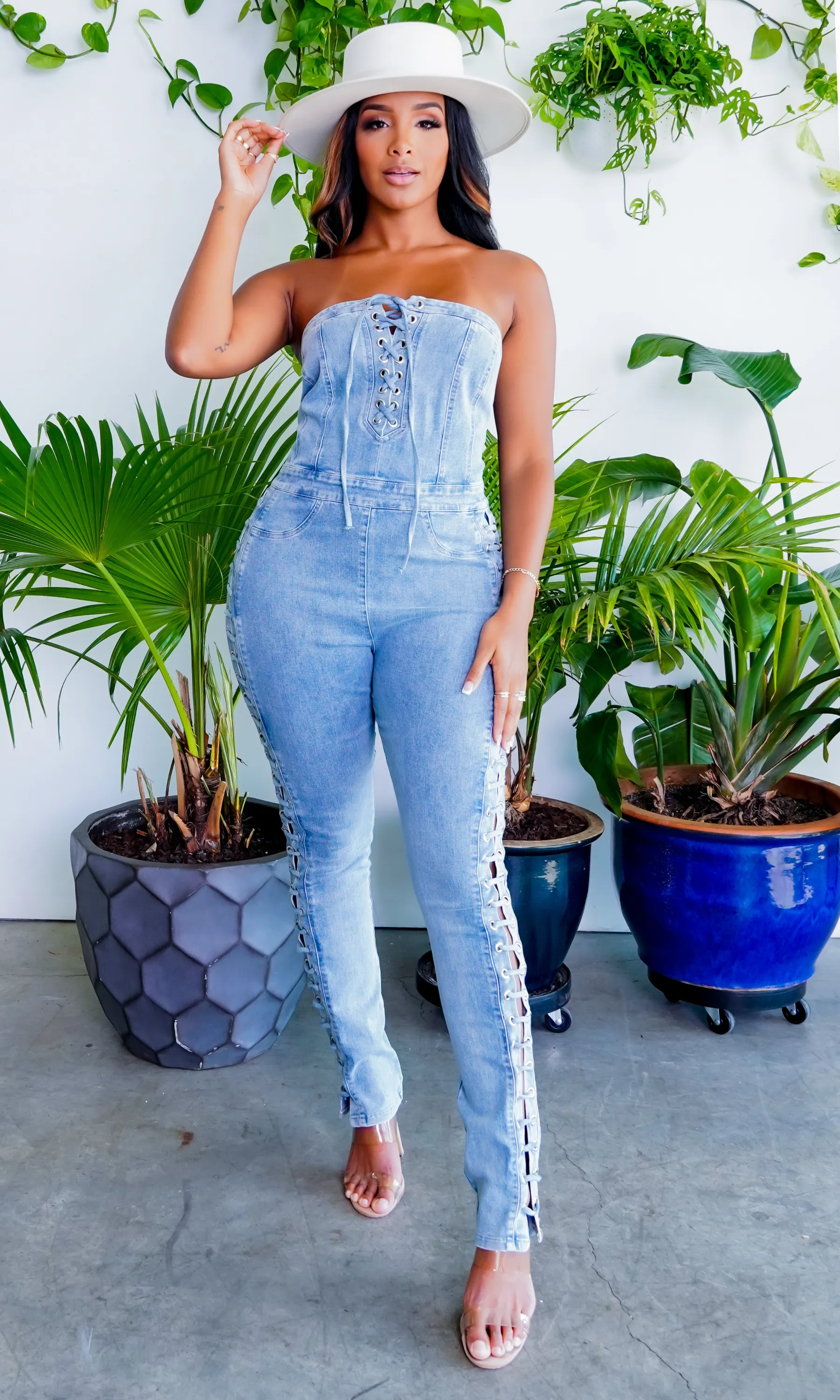 Lace Up Denim Jumpsuit