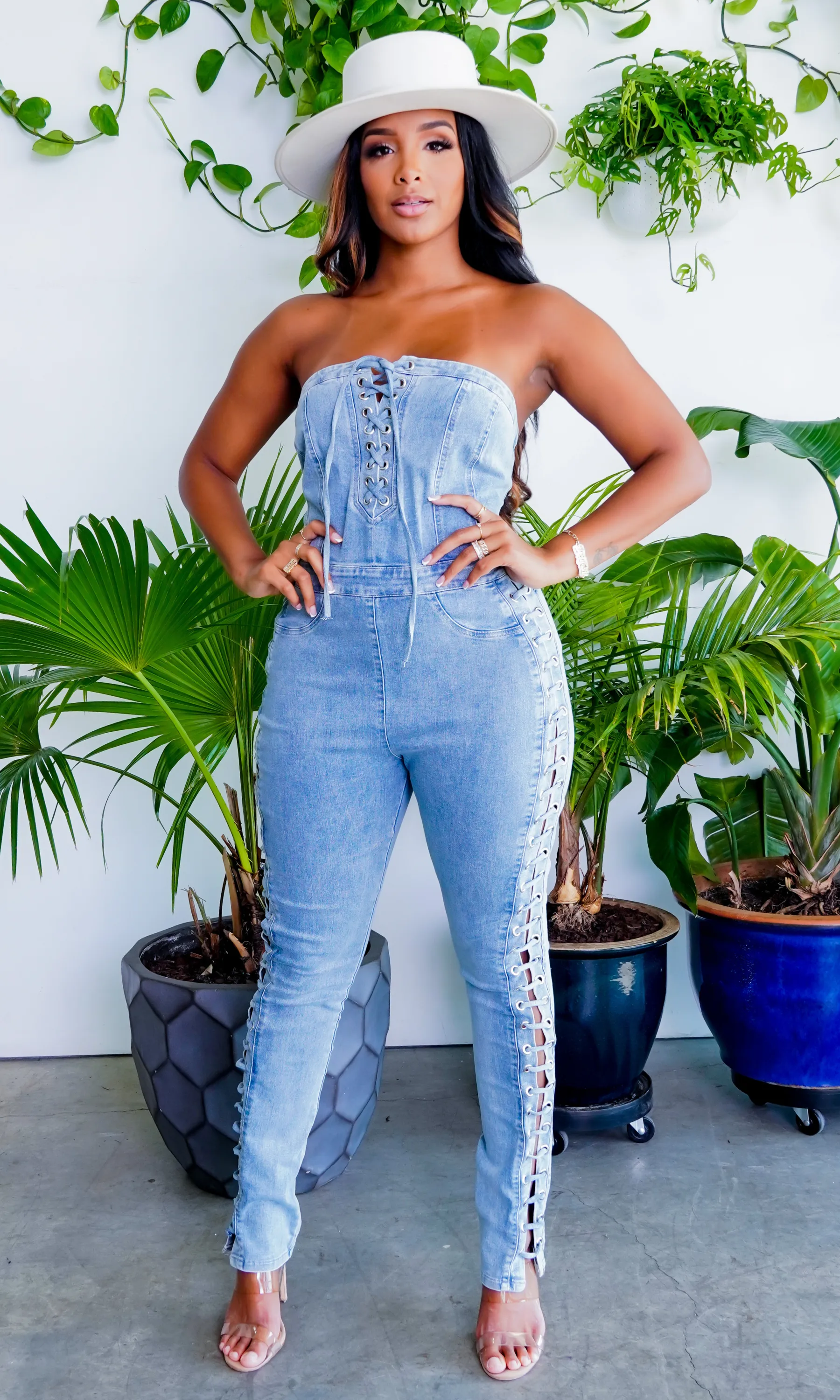 Lace Up Denim Jumpsuit