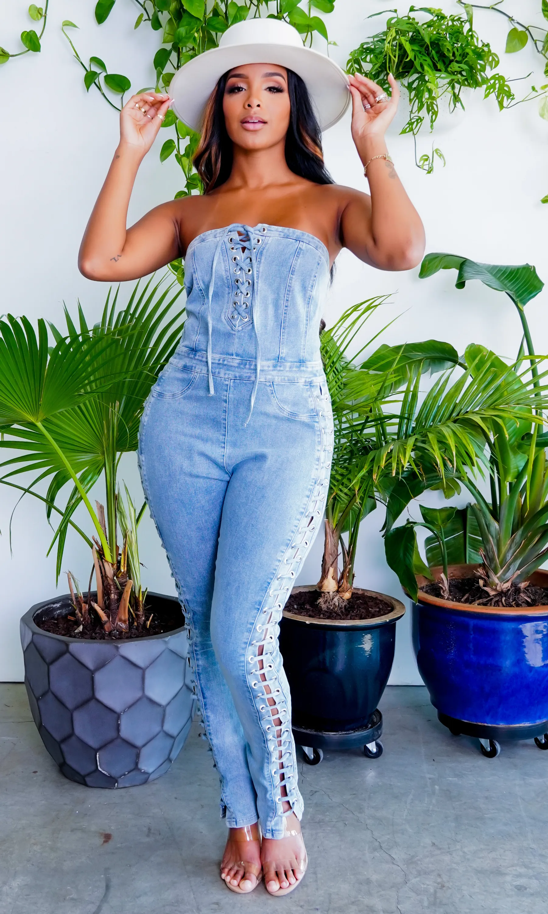 Lace Up Denim Jumpsuit