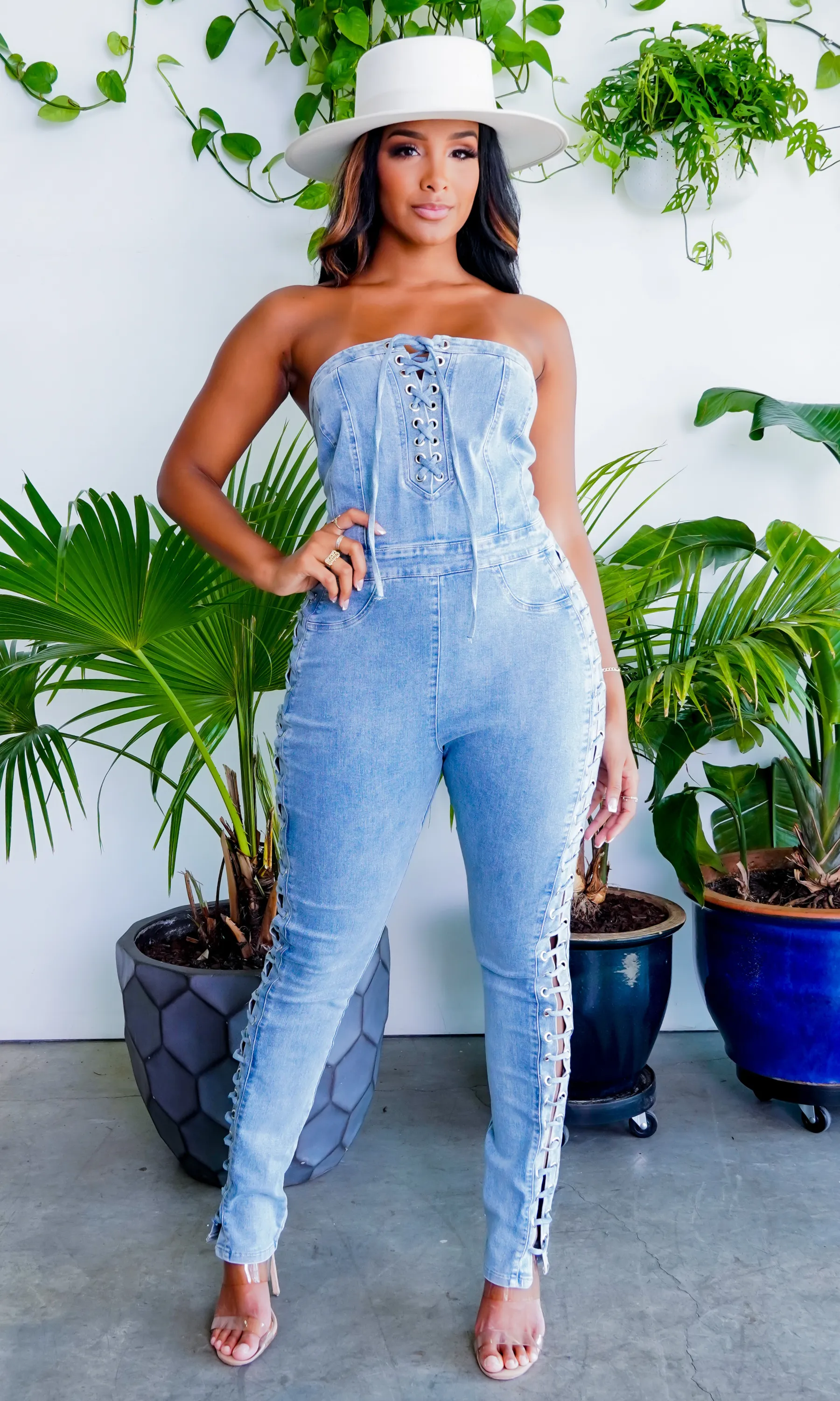 Lace Up Denim Jumpsuit