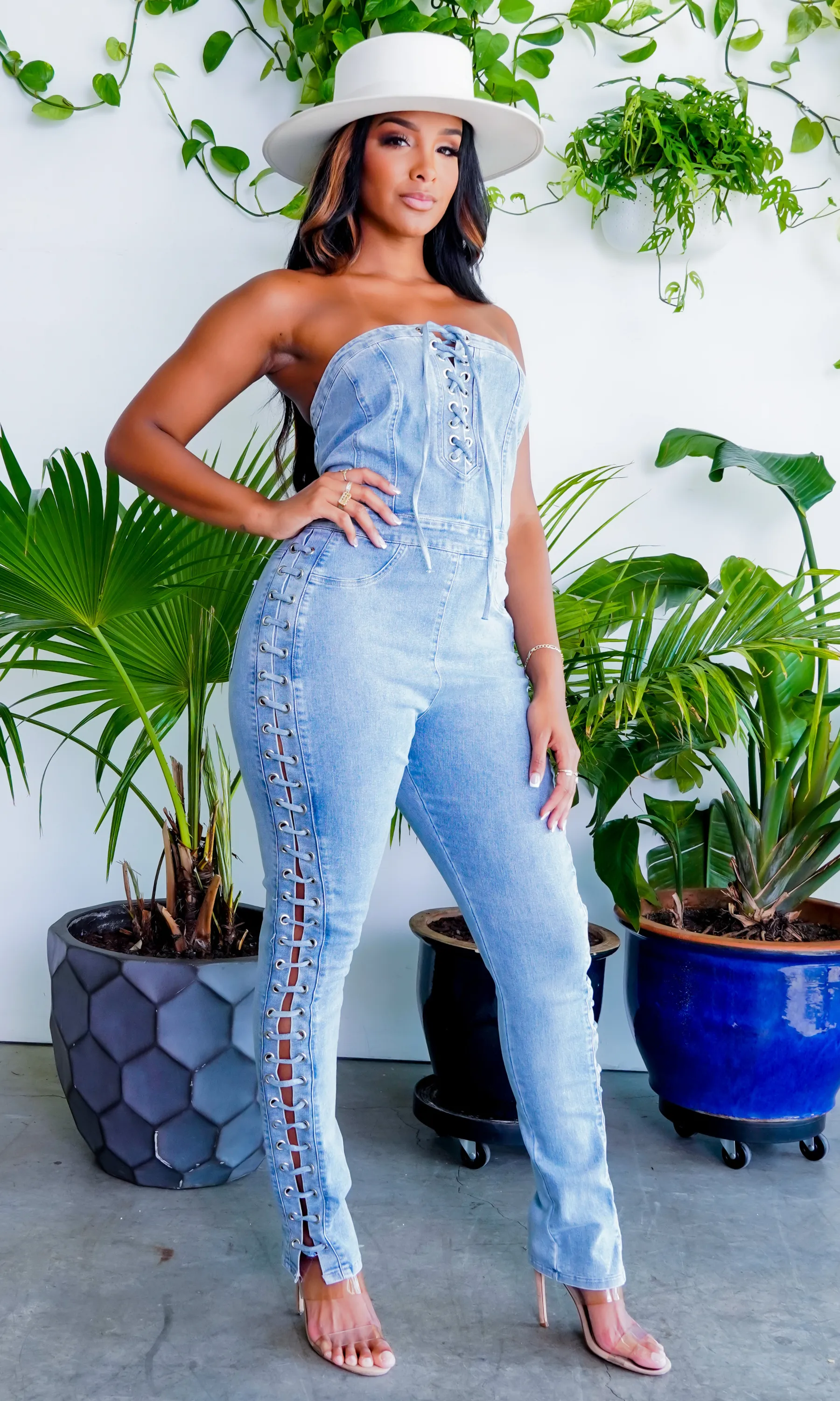 Lace Up Denim Jumpsuit