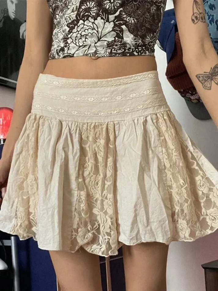 LANFUBEISI - Lace Patchwork Pleated Mini Skirt