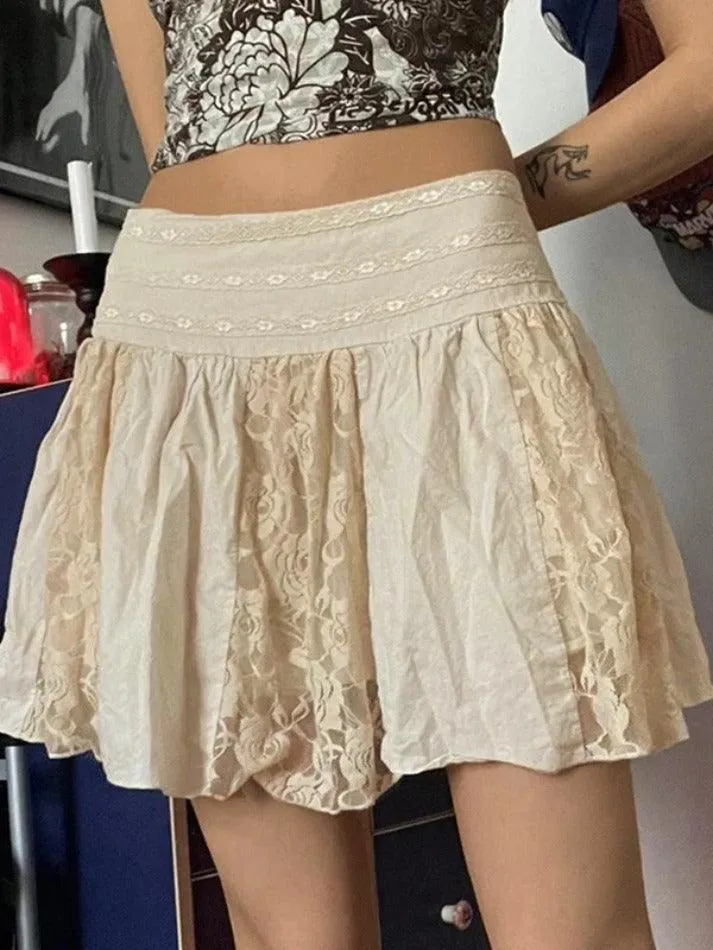 LANFUBEISI - Lace Patchwork Pleated Mini Skirt