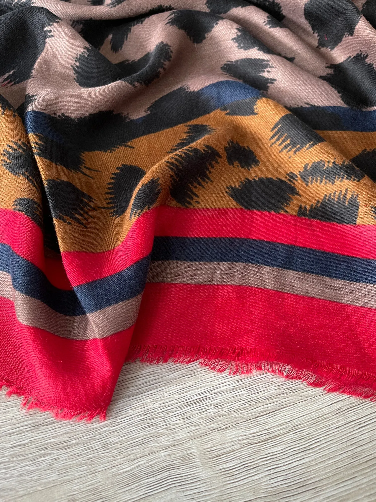 LARGE RED STRIPE LEOPARD PRINT SCARF