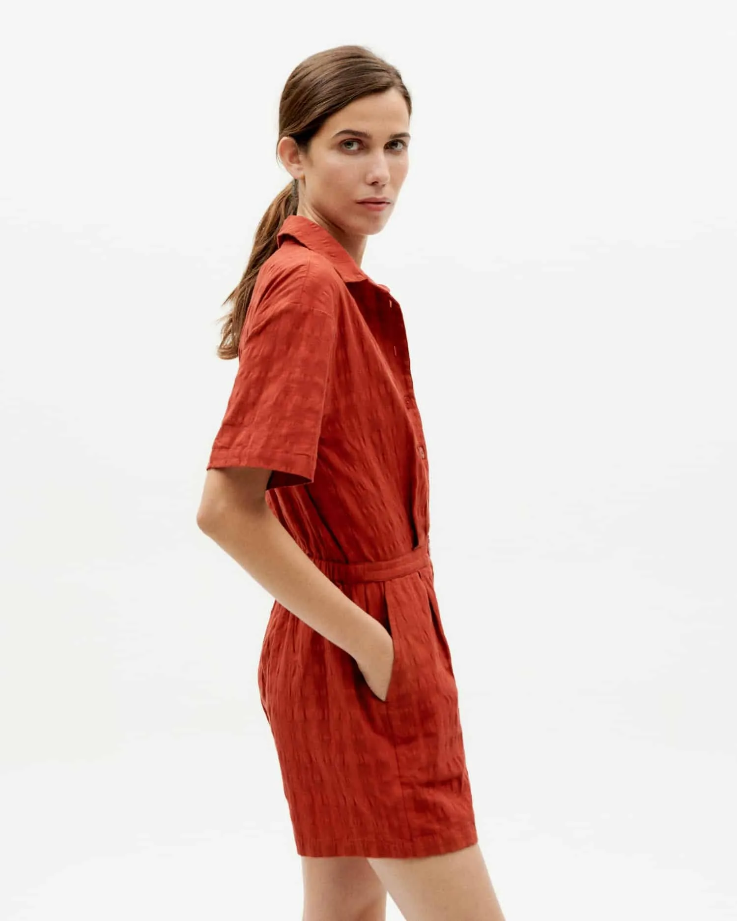 LAST ONE in XS - Agata Big Seersucker Jumpsuit - Orangered