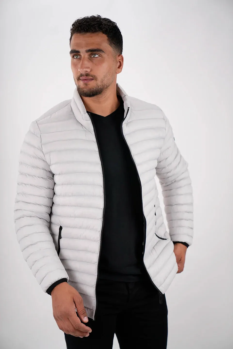 Light Grey Puffer Jacket With Zipper To Close