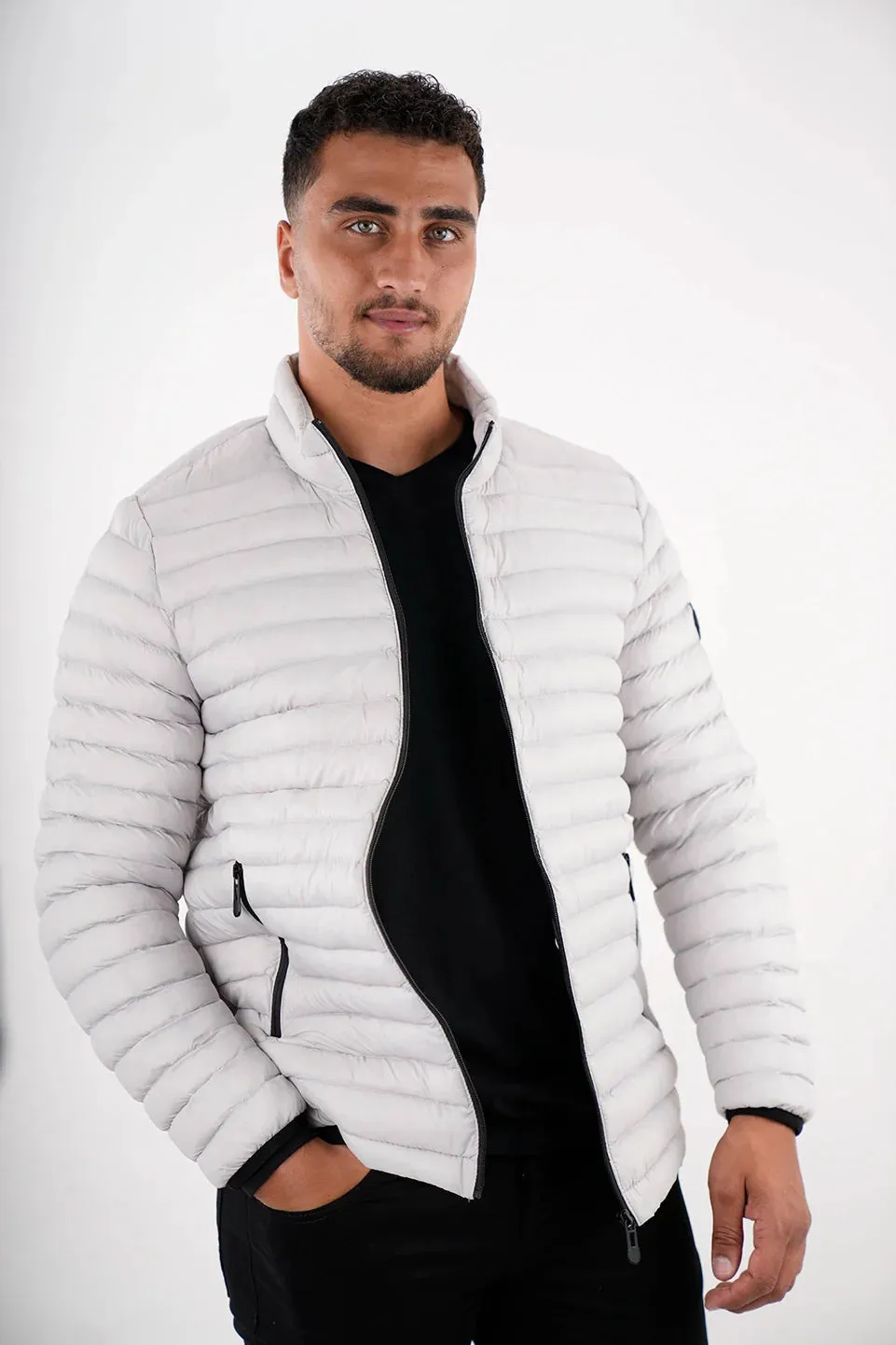 Light Grey Puffer Jacket With Zipper To Close