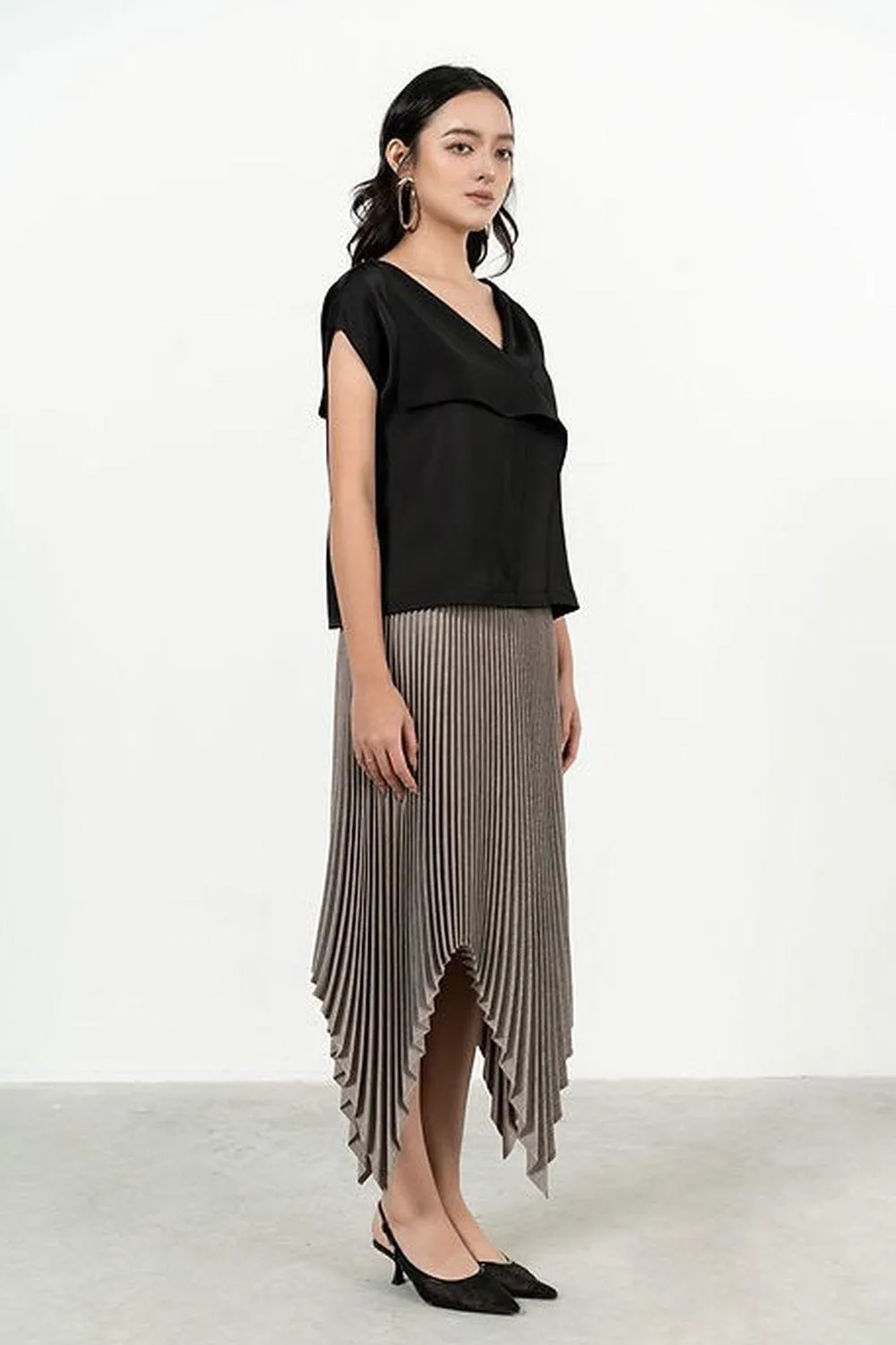 Lina Pleated Asymmetric Polyester Midi Skirt