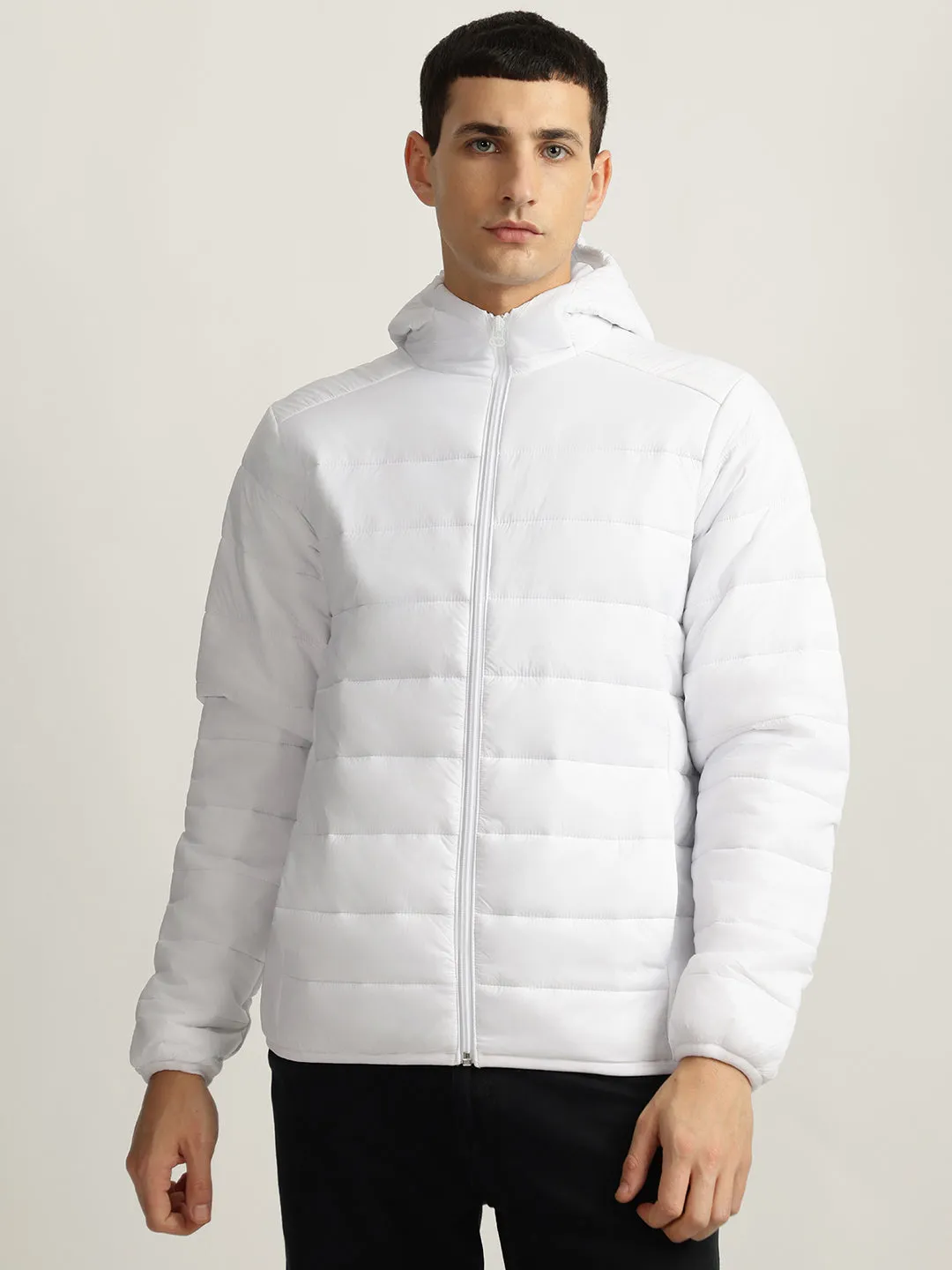 Lindbergh Men White Solid Hooded Full Sleeves Puffer Jacket