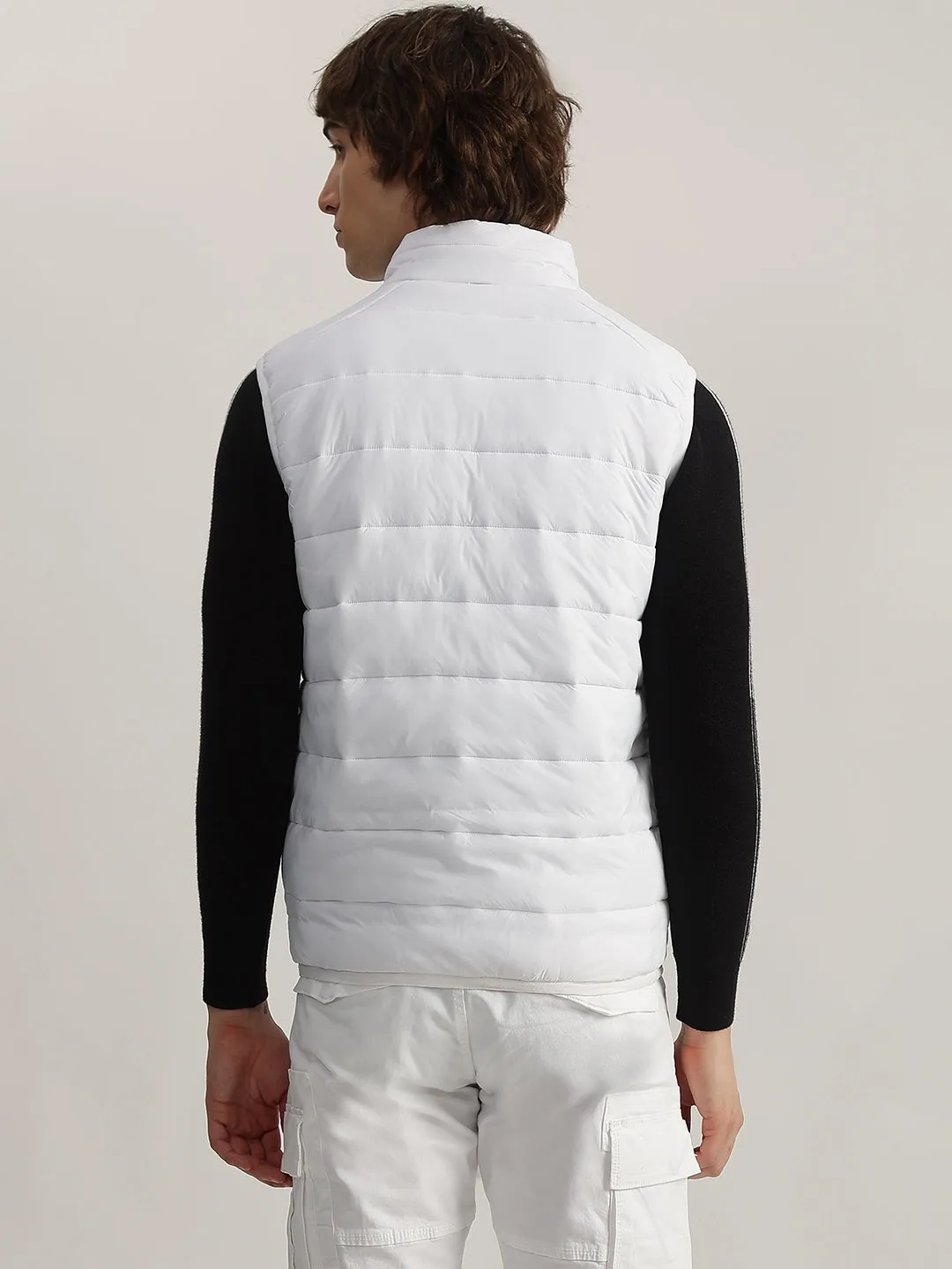 Lindbergh Men White Solid Stand Collar Sleeveless Puffer Jacket