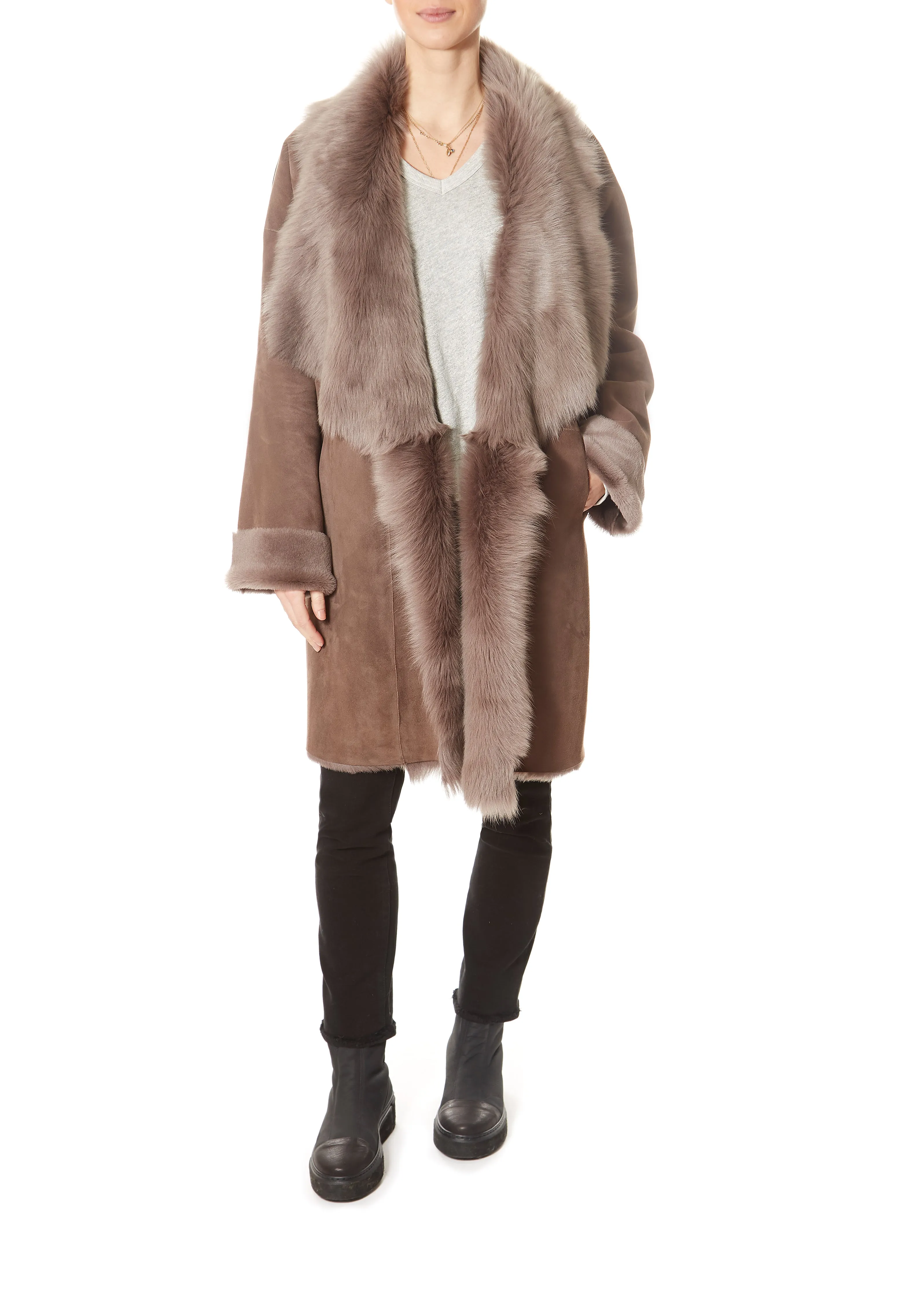 Loose New Taupe Shawl Collar Sheepskin Coat