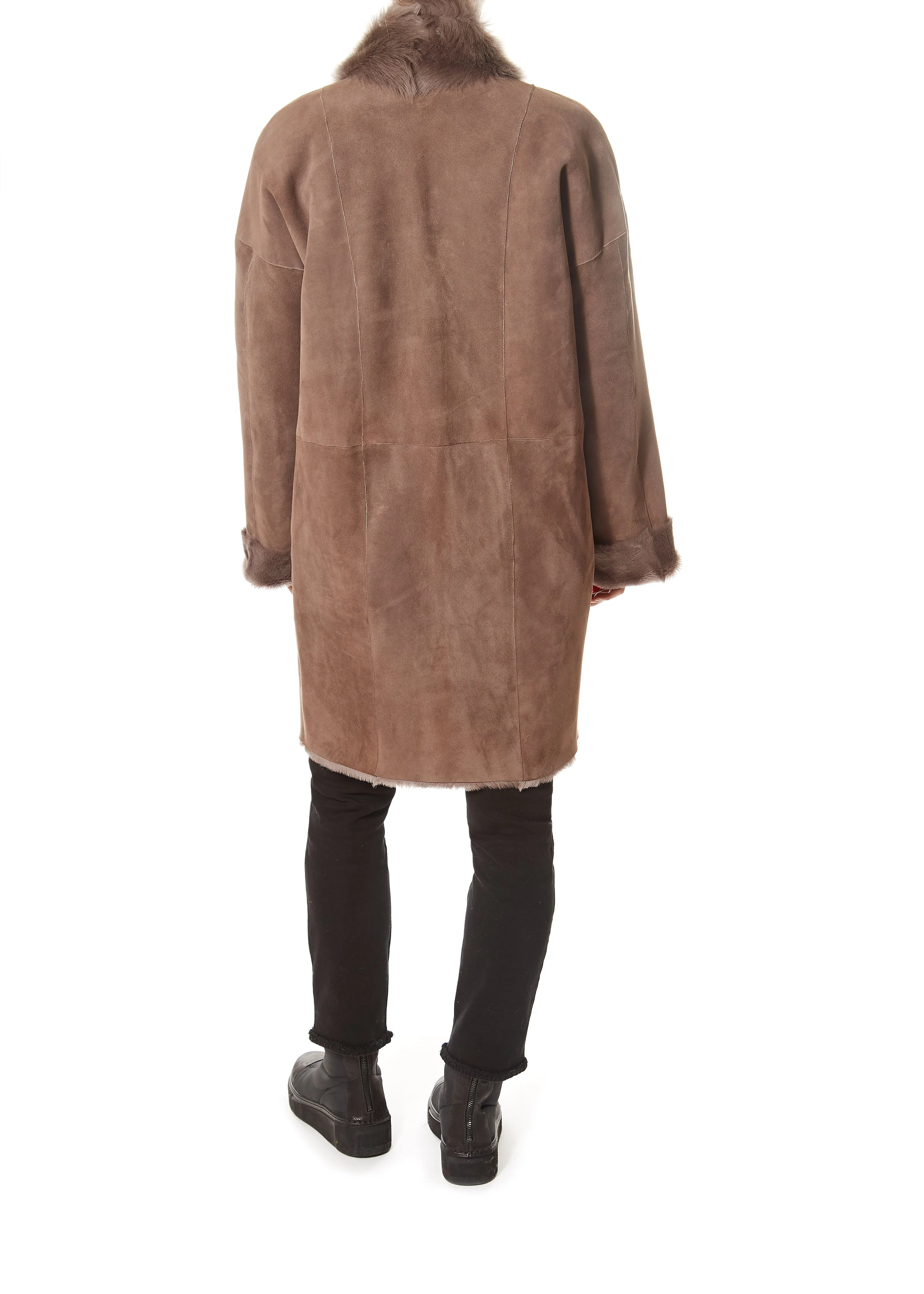 Loose New Taupe Shawl Collar Sheepskin Coat