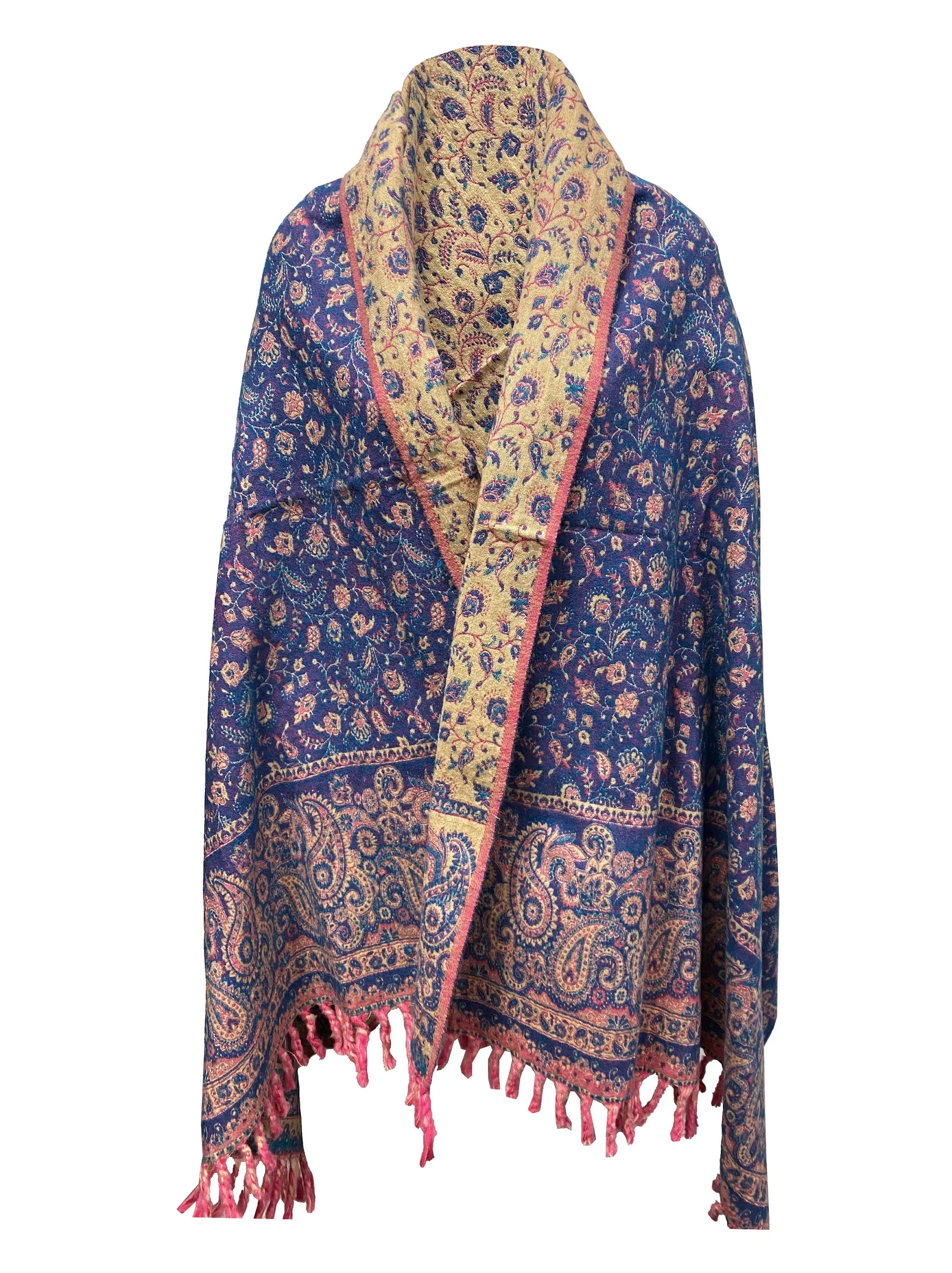 LUXURY HANDMADE  Blue Pink Floral Scarf Yak Wool yoga blanket stole unisex Travel Wrap Meditation Soft Shawl special Gift for her