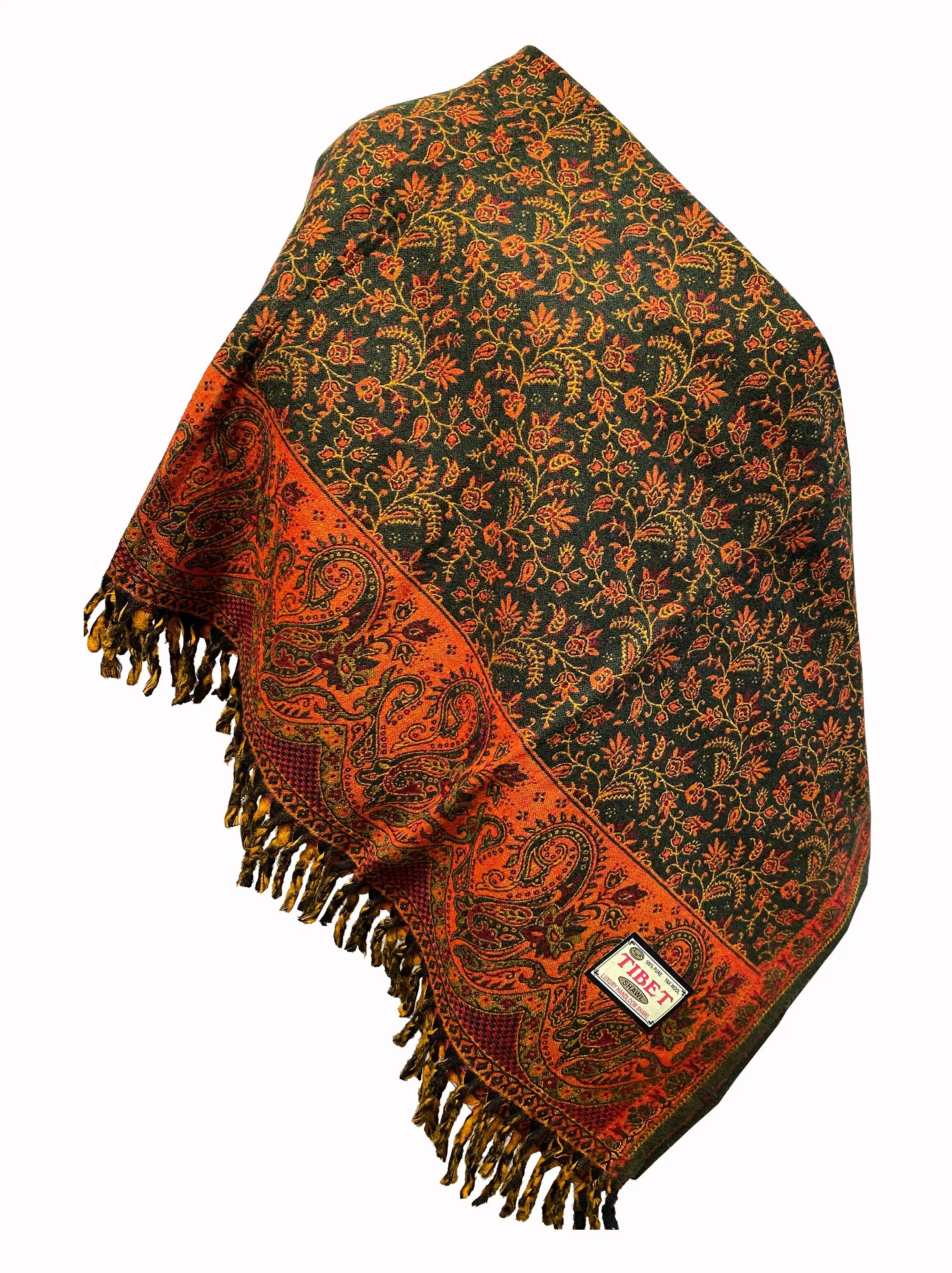 LUXURY HANDMADE  Orange Green Floral Scarf Yak Wool yoga blanket stole unisex Travel Wrap Meditation Soft Shawl special Gift for her