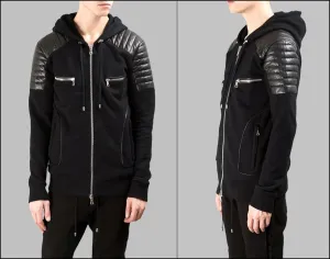 Men's Black Quilted Padded Hoodie with Drawstrings /Zipped Chest Pockets -Two Zipped Side Pockets