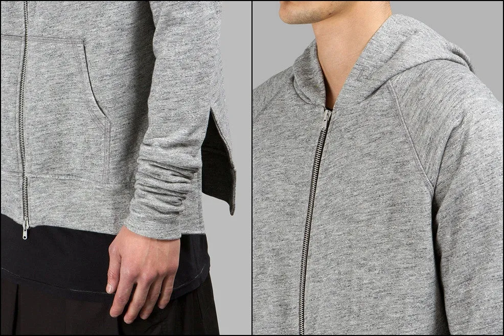 Men's Long Slim Extended Slevees Side Slits Pockets  - Side Splits // Zip Closure Hoodie