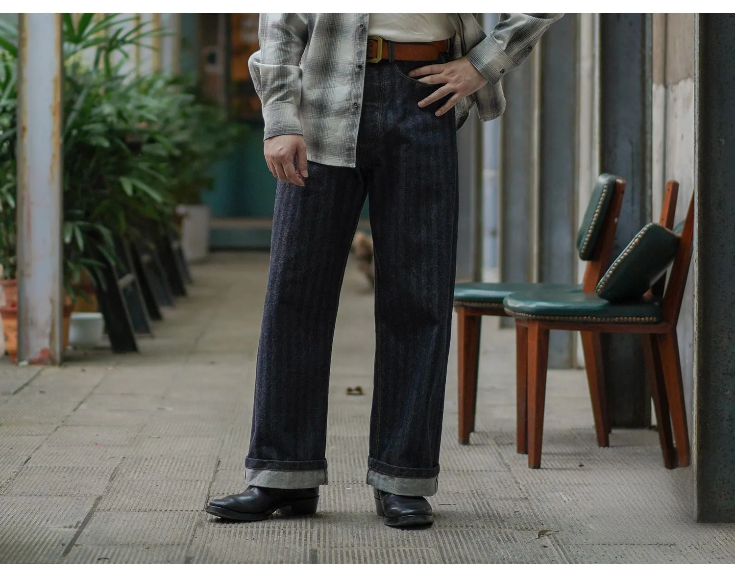 Men's Striped High Waist Selvedge Denim Pants