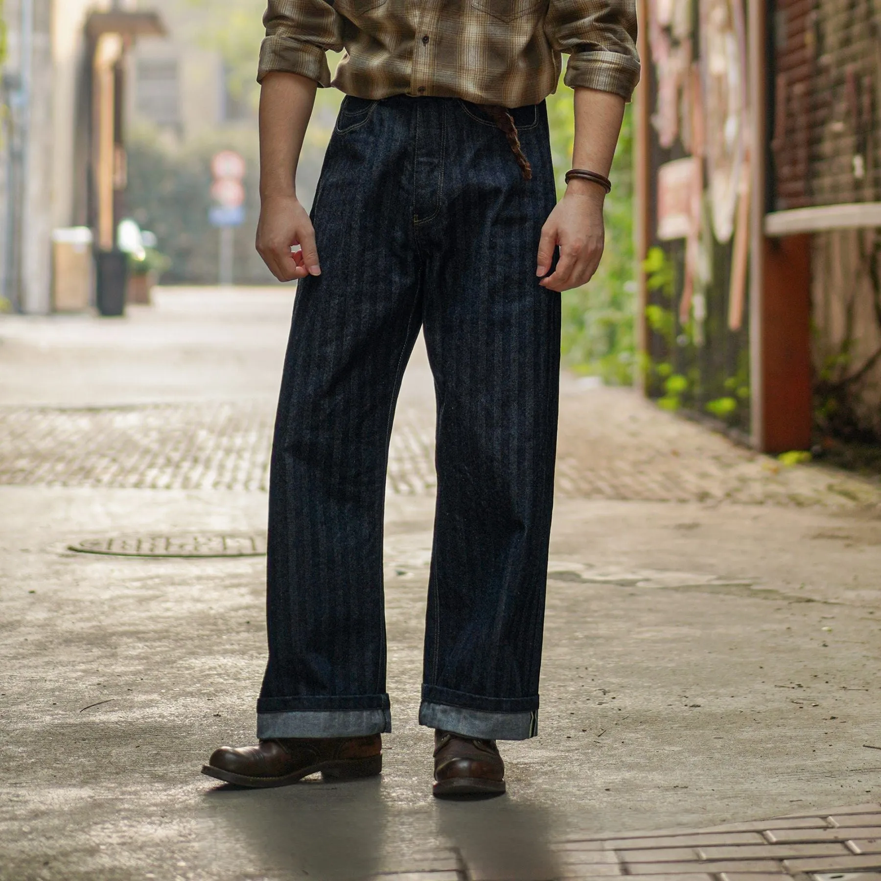 Men's Striped High Waist Selvedge Denim Pants