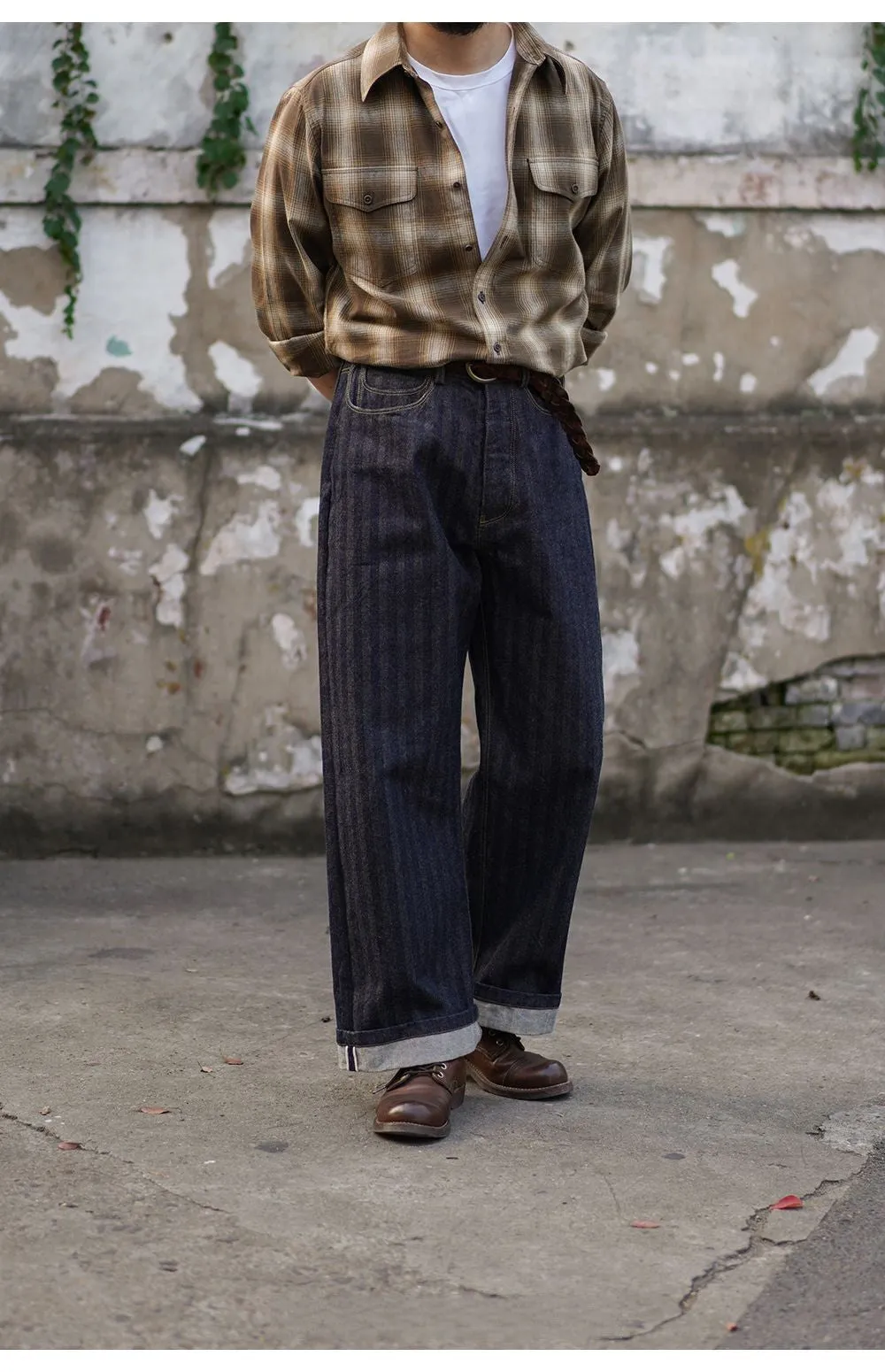 Men's Striped High Waist Selvedge Denim Pants