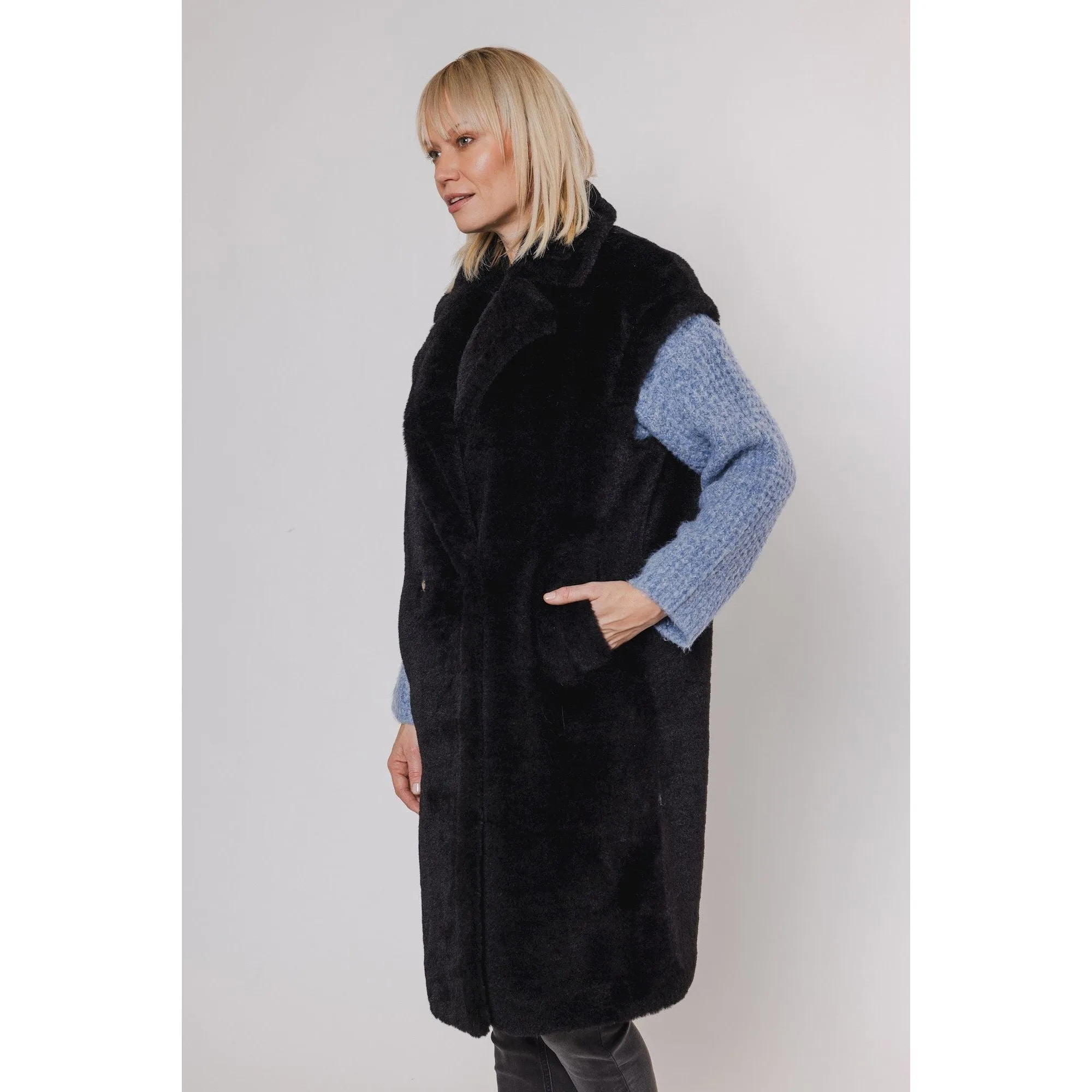 Mimo Double Breasted Faux Fur Waistcoat Black