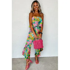 Mix Tropical Print Strapless Ruffled Jumpsuit