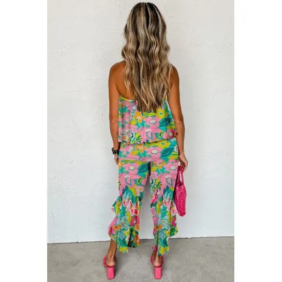 Mix Tropical Print Strapless Ruffled Jumpsuit