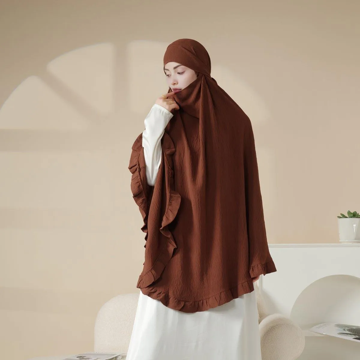 MK019 Ruffled Solid Elastic Long Shawl Khimar