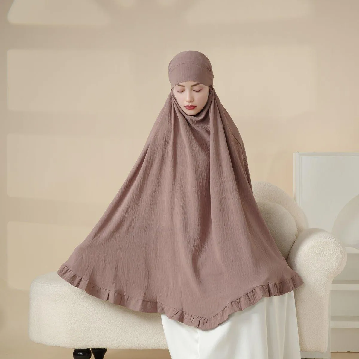 MK019 Ruffled Solid Elastic Long Shawl Khimar